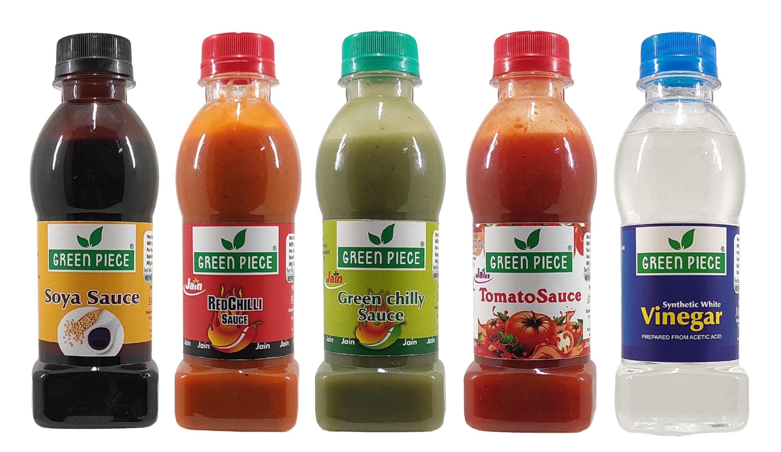 Green Piece Jain Sauce Combo of Soya,Tomato,Green Chilli,Red Chilli and Vinegar (Pack of 5) Sauce (1000 ml) — image 2