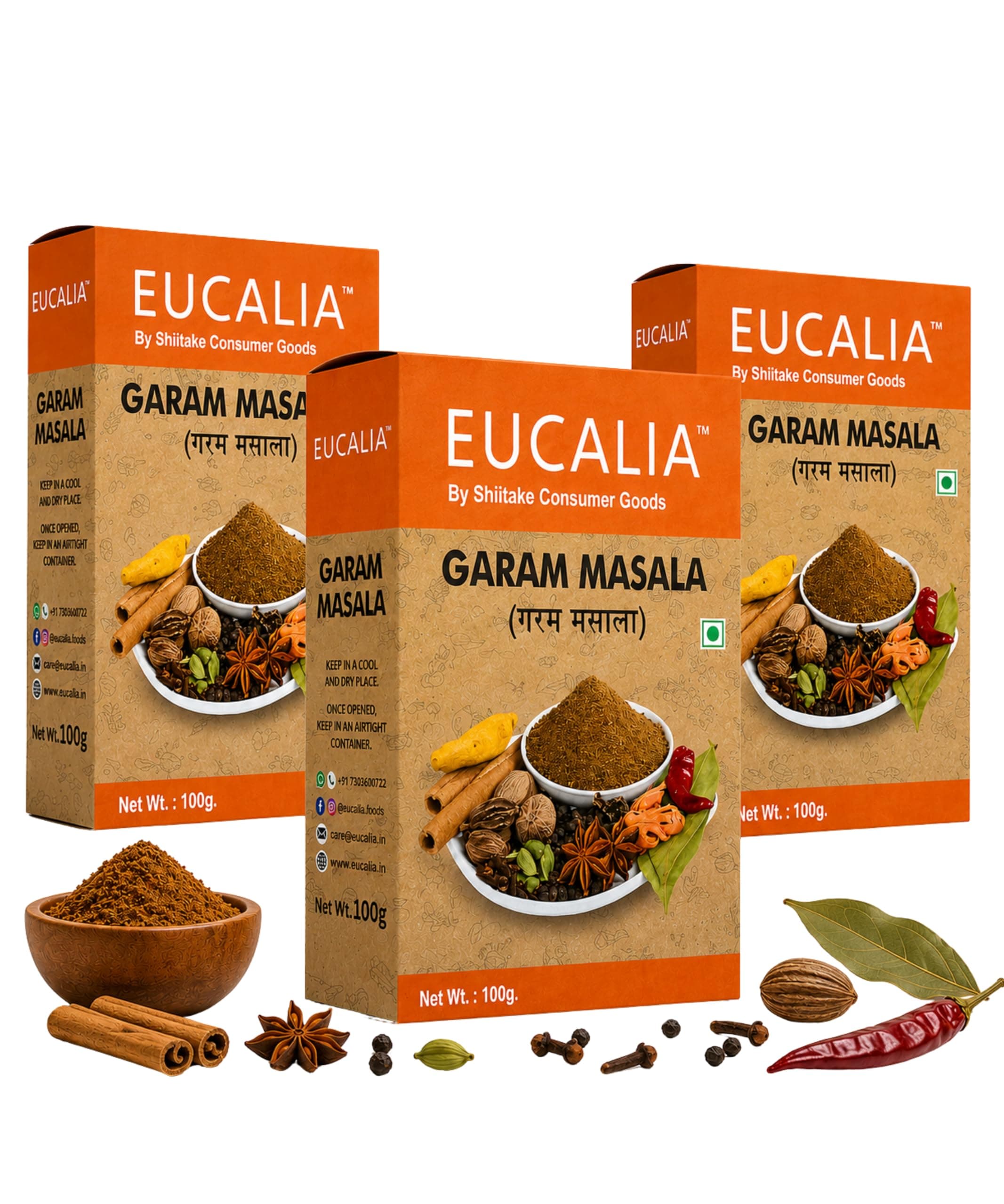 EUCALIA Garam Masala Pack of 3 (100g) | Aromatic Spice Blend for Curries, Rice & Gravies | Authentic Indian Taste | No Preservatives | Rich, Warm & Aromatic Flavour for Everyday Cooking | Sattvik No Onion No Garlic (NONG) | Total 300g — image 2