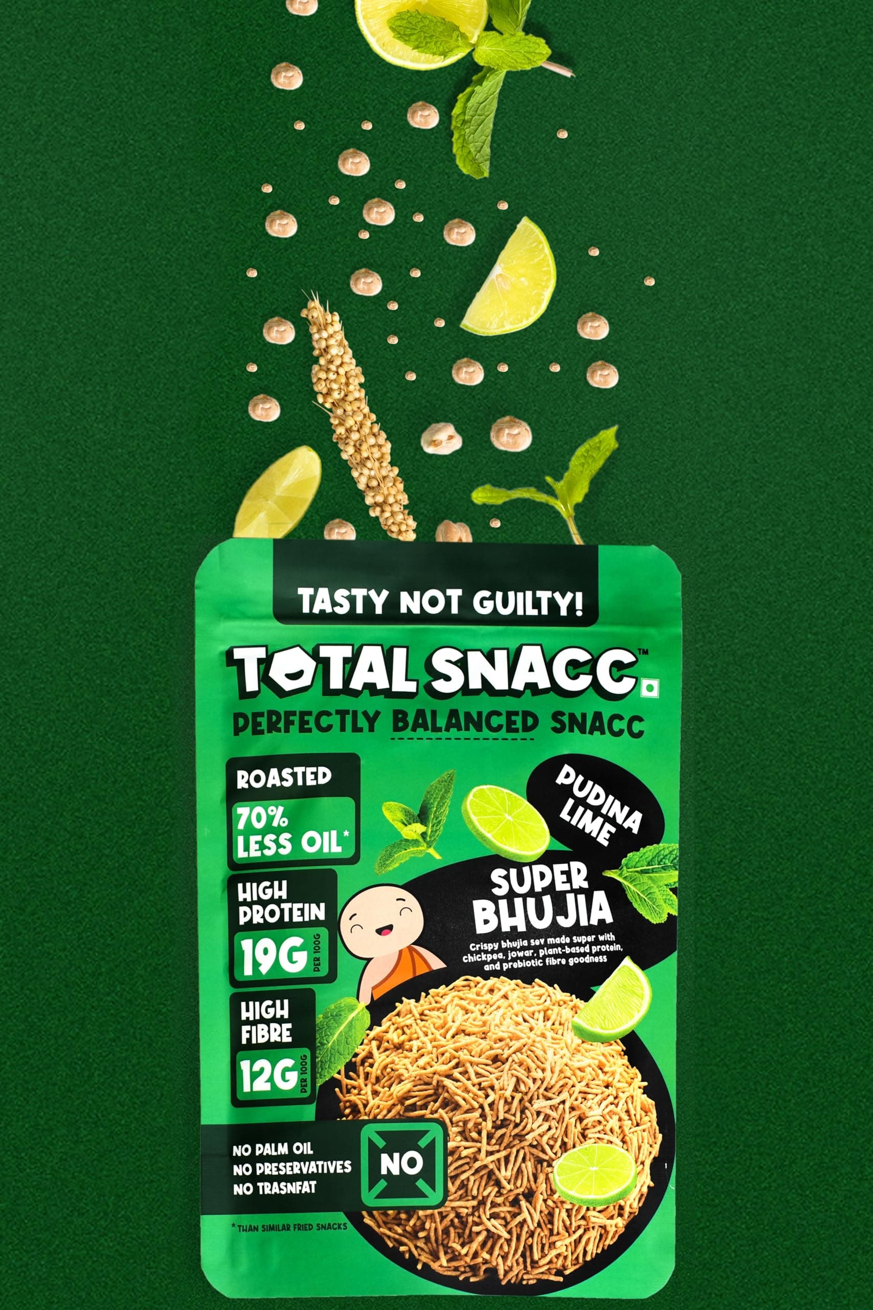 TOTAL SNACC Tangy Lime Combo (125g x 2 Packs) | High Protein 19g | High Fibre 12g | Roasted Not Fried | 70% Less Oil | No Palm Oil | Lime Pudina Super bhujia & Lime Chilli Wholesome Jorgaram | Baked Namkeen | Baked Bhujia | Healthy Snacks | Millet Snacks | No Preservatives | Zero Cholestrol | Diabetic Friendly — image 7