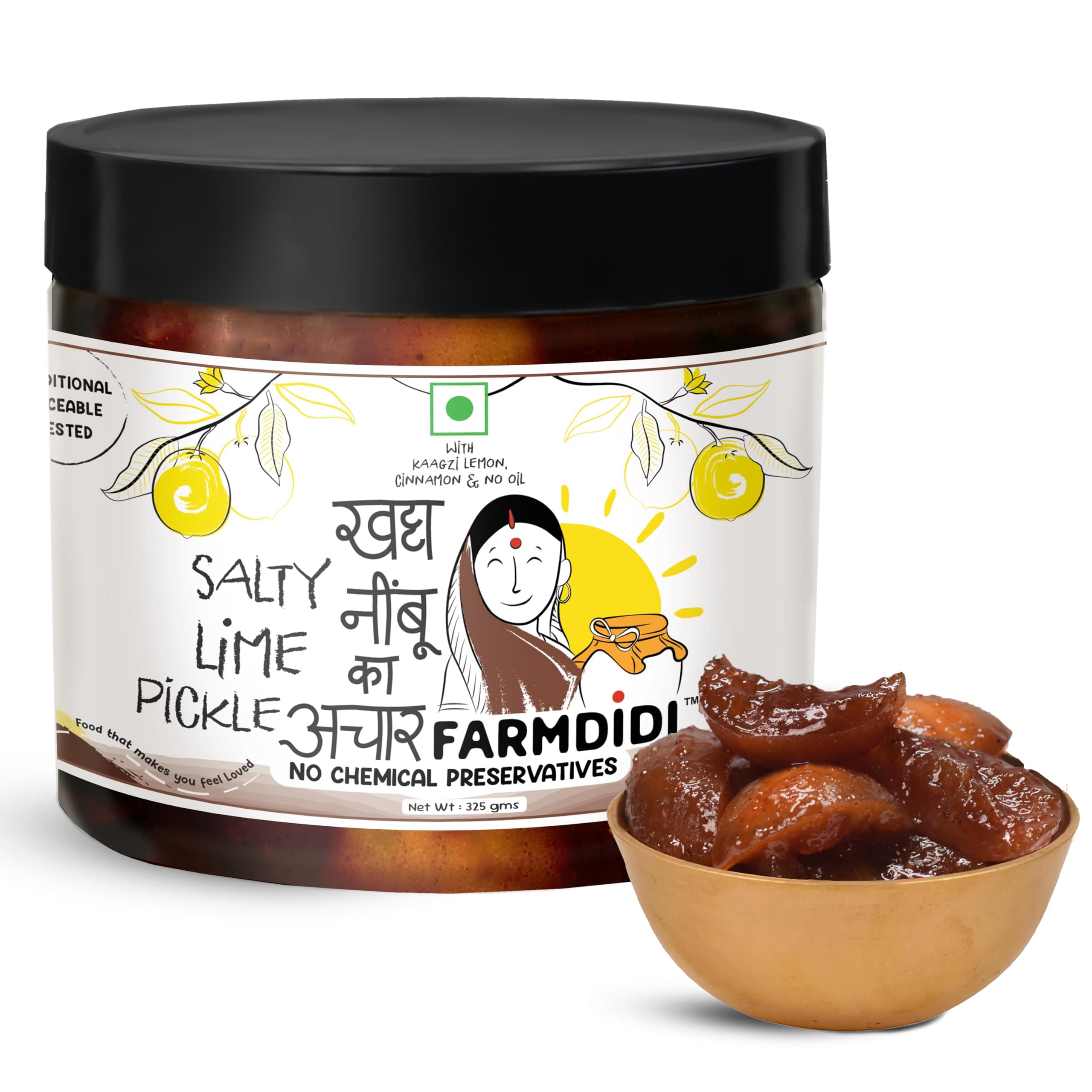 FarmDidi Salty Lemon Pickle 325g in Fresh | Homemade Oil-Free Nimbu ka Achar with No Onion or Garlic | Traditional Lemon Sour Pickle | Grandma’s Taste, Indian Homemade Achar