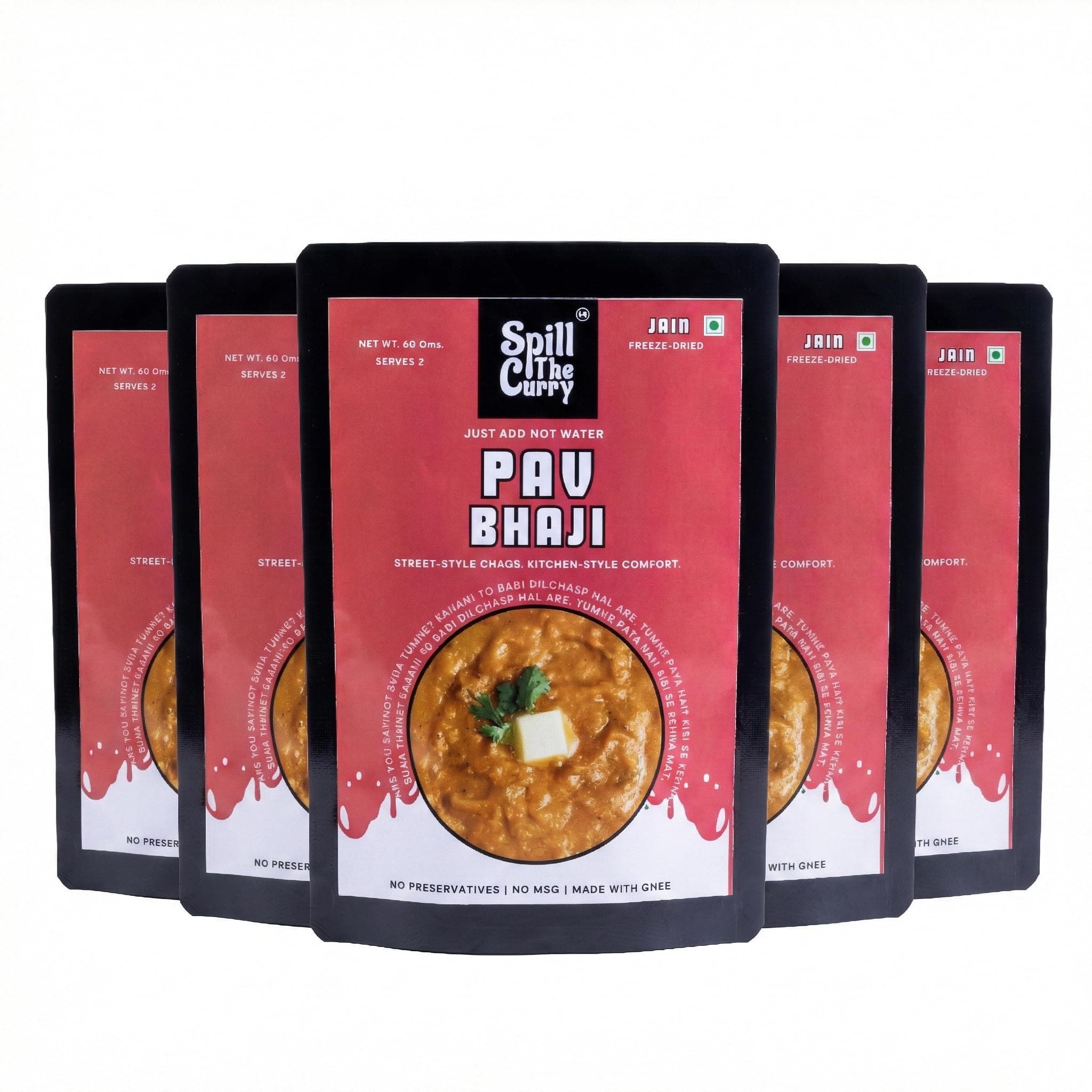 SPILL THE CURRY Mumbai Pav Bhaji Jain Ready to Eat | No Onion No Garlic | Authentic Street Food | Freeze Dried Instant Meal | Add Hot Water | Pure Ghee | Travel Friendly | Combo Pack of 5 (60g Each) — image 2