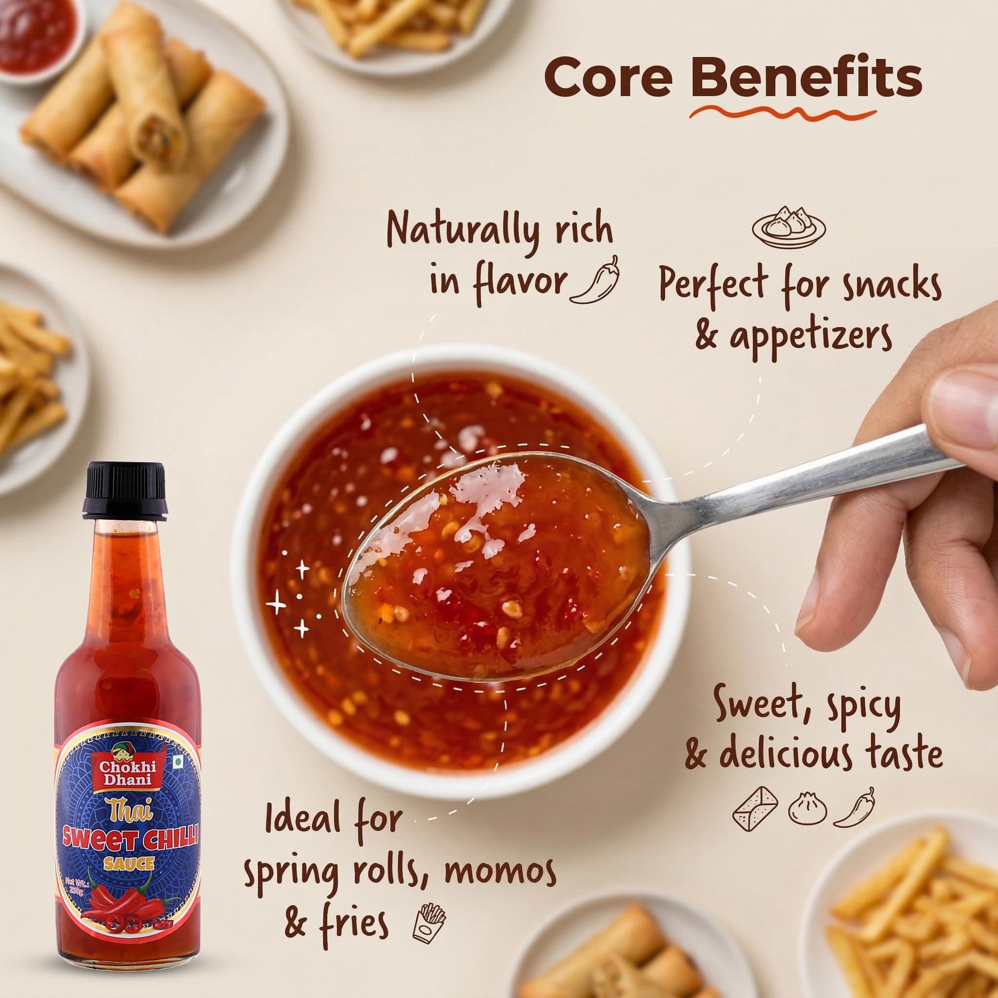 Chokhi Dhani Thai Sweet Chilli Sauce 250g | Sweet & Spicy Dipping Sauce | Perfect for Momos, Spring Rolls, Fries, Noodles & Burgers | Asian Sauce Dimsums, Sushi, Wraps & Rolls, Thai Rice Bowls, Bao Buns, Fried Rice | Sweet Chilli Dip — image 4