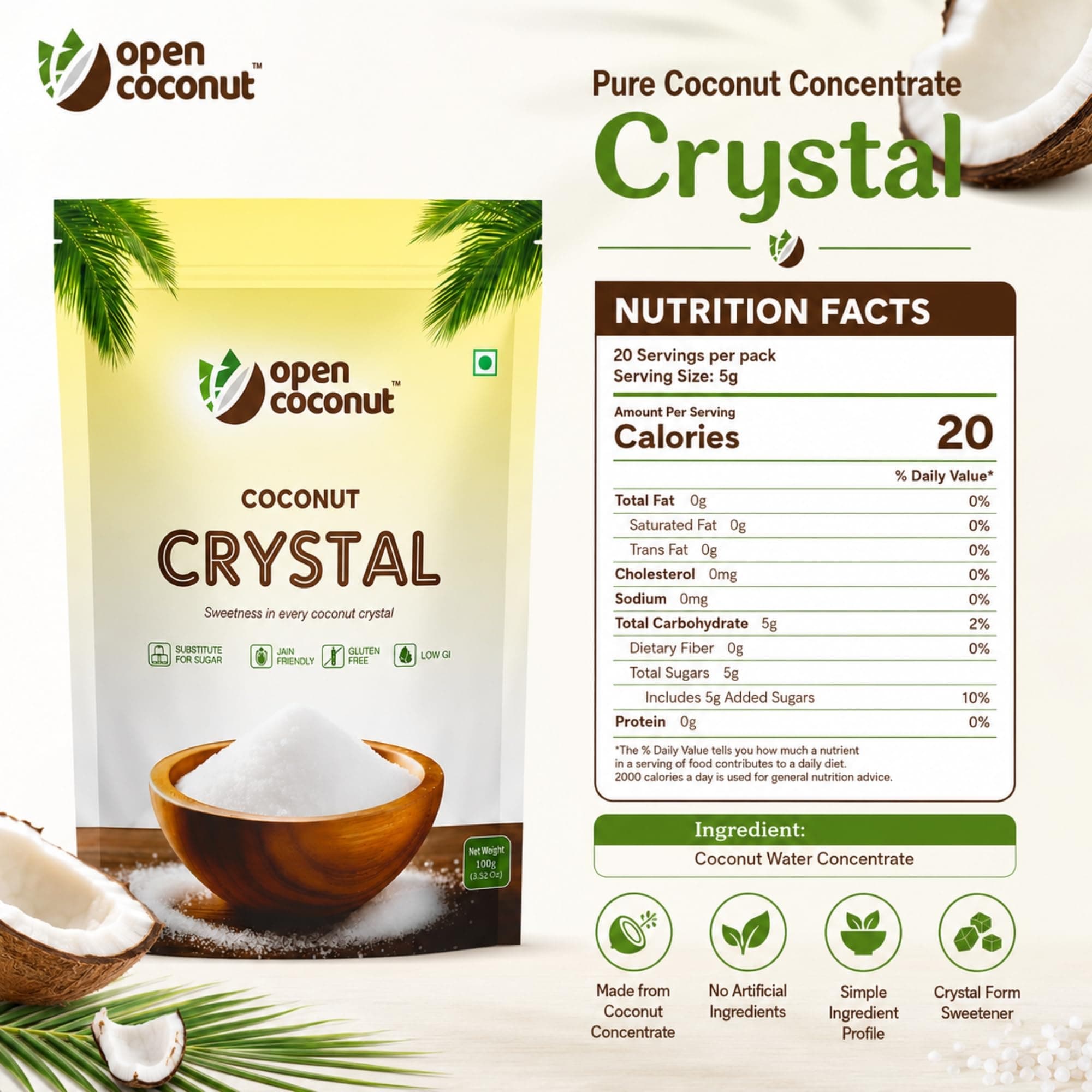 Open Coconut CRYSTAL 100g x 1 Pack - Jain Friendly | Natural Sugar Sweetener Substitute | Low Glycemic Index | Gluten, Sugar, Preservative Guilt Free | Perfect for Cake, Baking, Hot Chocolate, Milkshakes & More — image 2