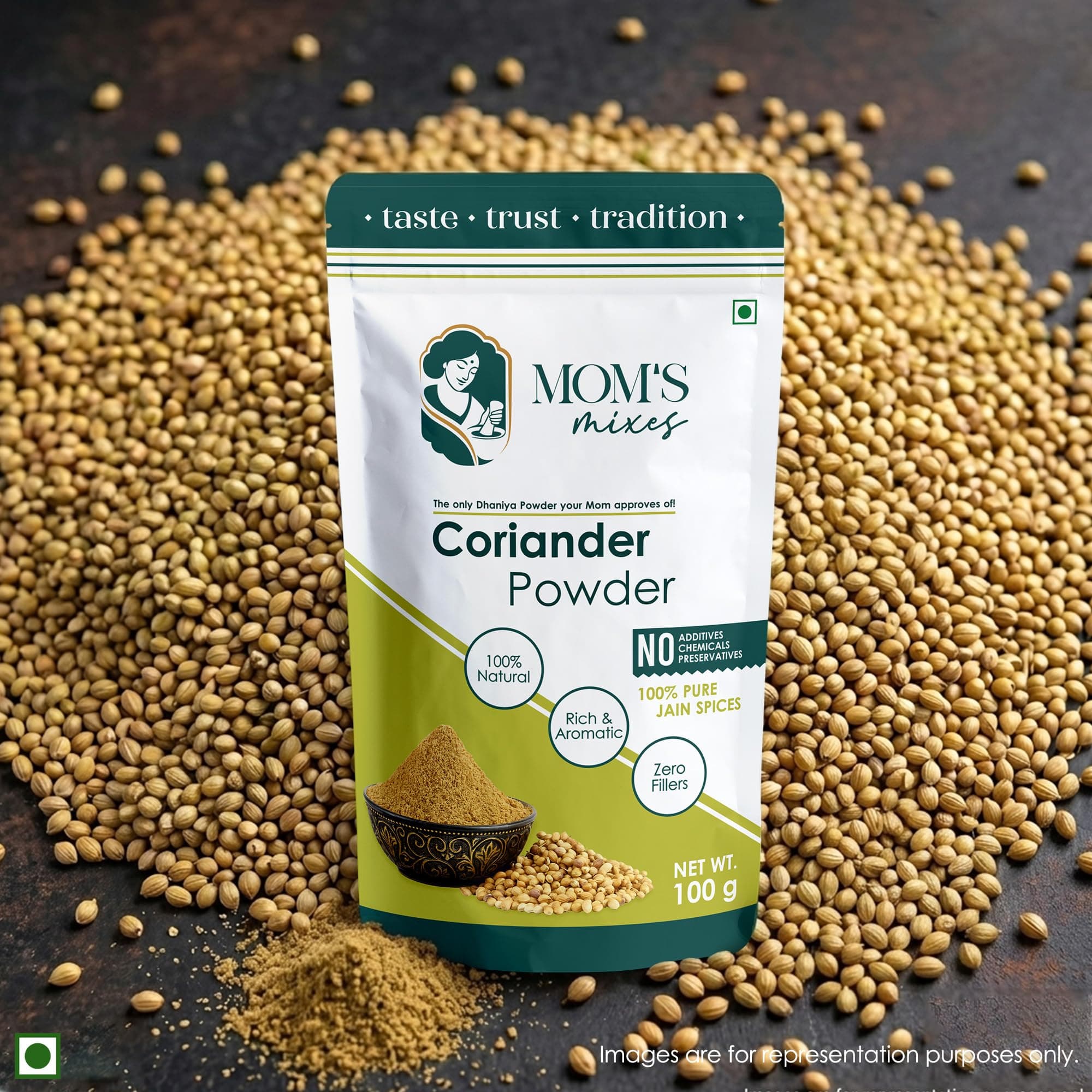 Mom’s Mixes Coriander Powder (Dhaniya) | Double Parrot Seeds | Strong Aroma | Pure & Natural | No Preservatives | No Onion No Garlic (Jain Friendly) | 100g — image 3