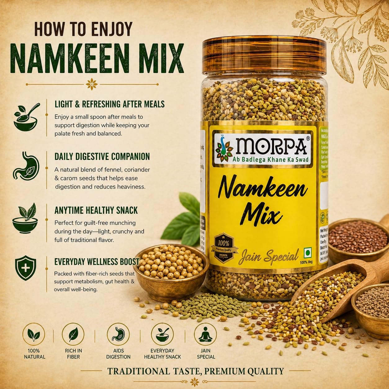 Morpa Namkeen Mix Mouth Freshener Traditional Indian Mukhwas Saunf, Coriander and Spice Blend After Meal Digestive Breath Freshener Jain Special 100% Veg — image 4
