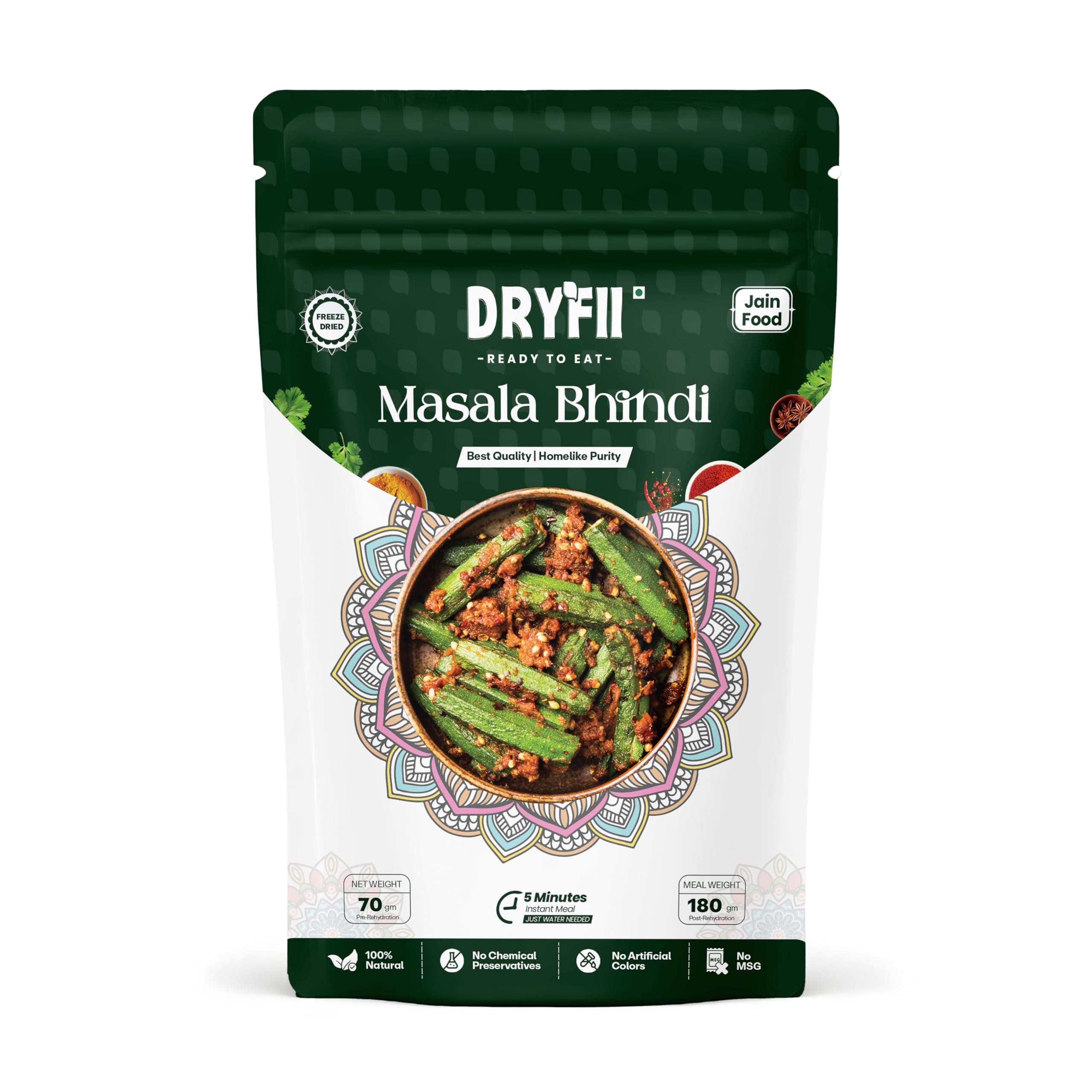 Dryfii Ready to Eat Laccha Paratha (5 Pieces, 1 Pack) & Jain Masala Bhindi Combo | Freeze Dried | Home Cooked Style Meal | Pure Veg — image 2