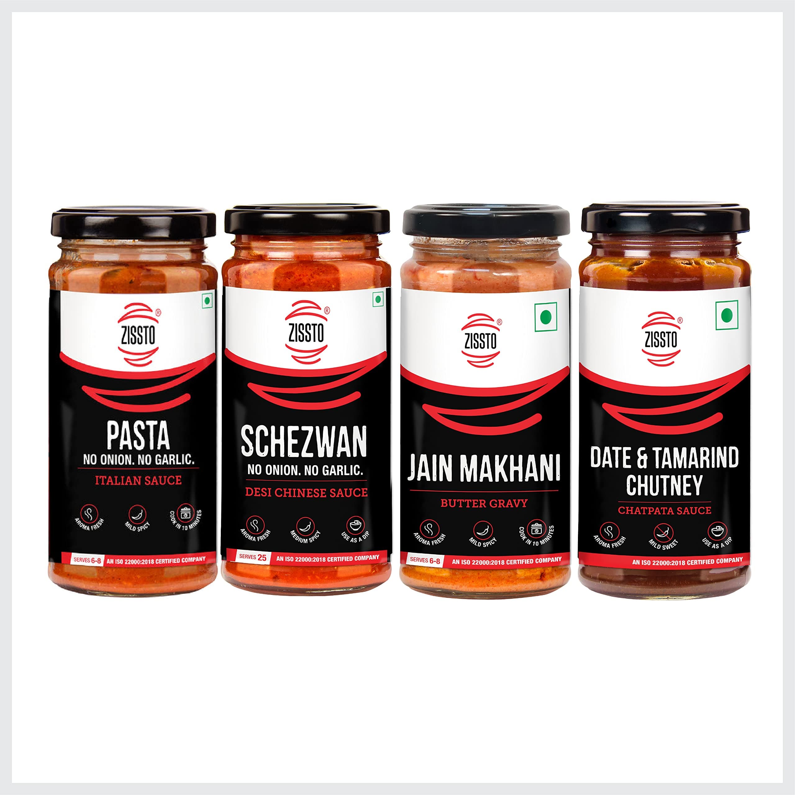 Zissto Jain Pasta Italian Sauce, Jain Schezwan Desi Chinese Sauce, Jain Makhani Butter Cooking Gravy, Date and Tamarind Sauce| No Onion No Garlic | Ready to Cook | Combo Pack of 4-250gm Each Bottle