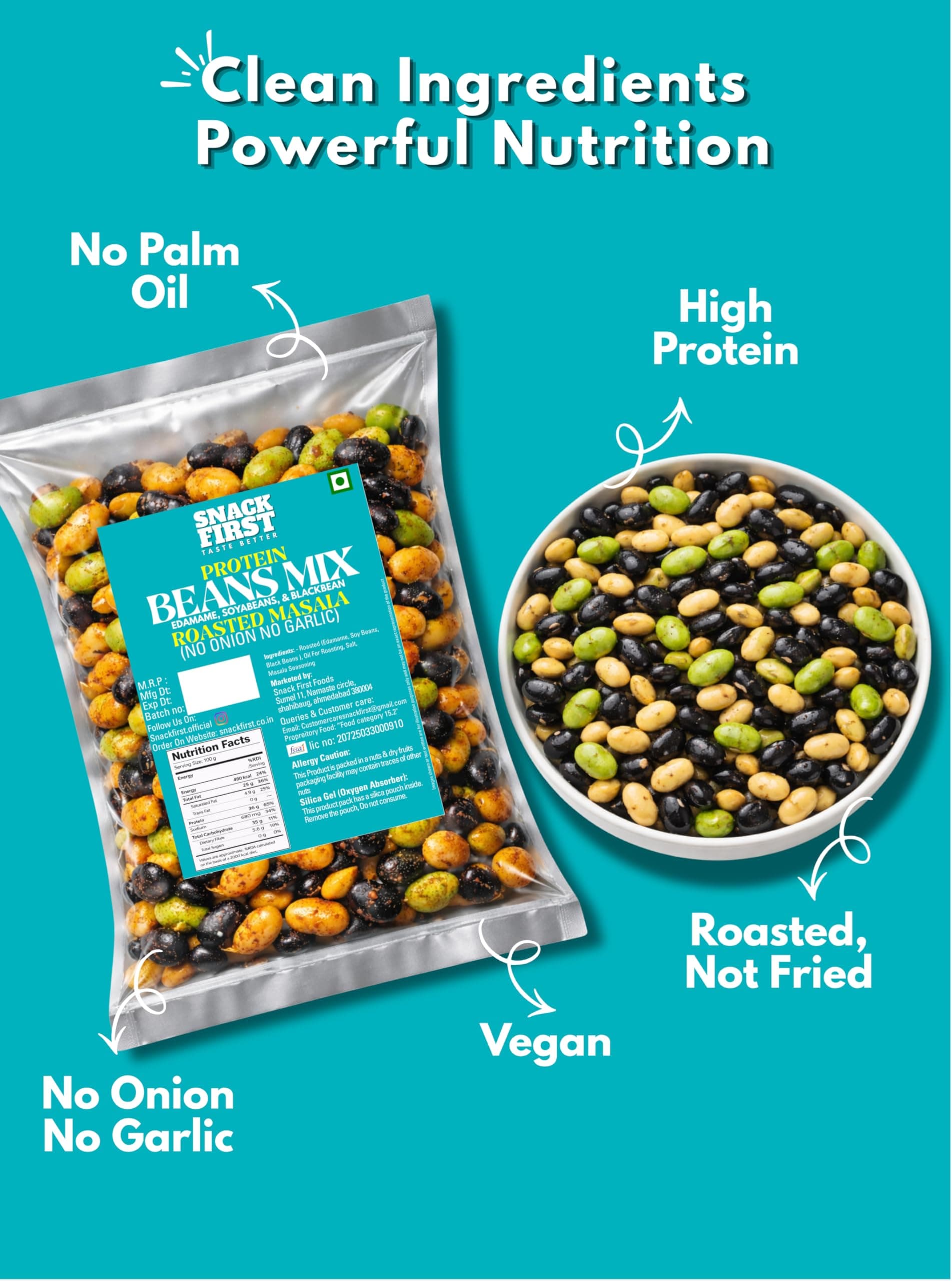 Snack First Roasted Protein Masala Beans Mix | No onion no garlic | no palm oil | 100G | 40G plant protein mixture | 3 In 1 mix | edamame, soyabeans, blackbeans | high protein | gym snack | healthy snack | crunchy & delicious | high fibre | minerals & vitamins | — image 3