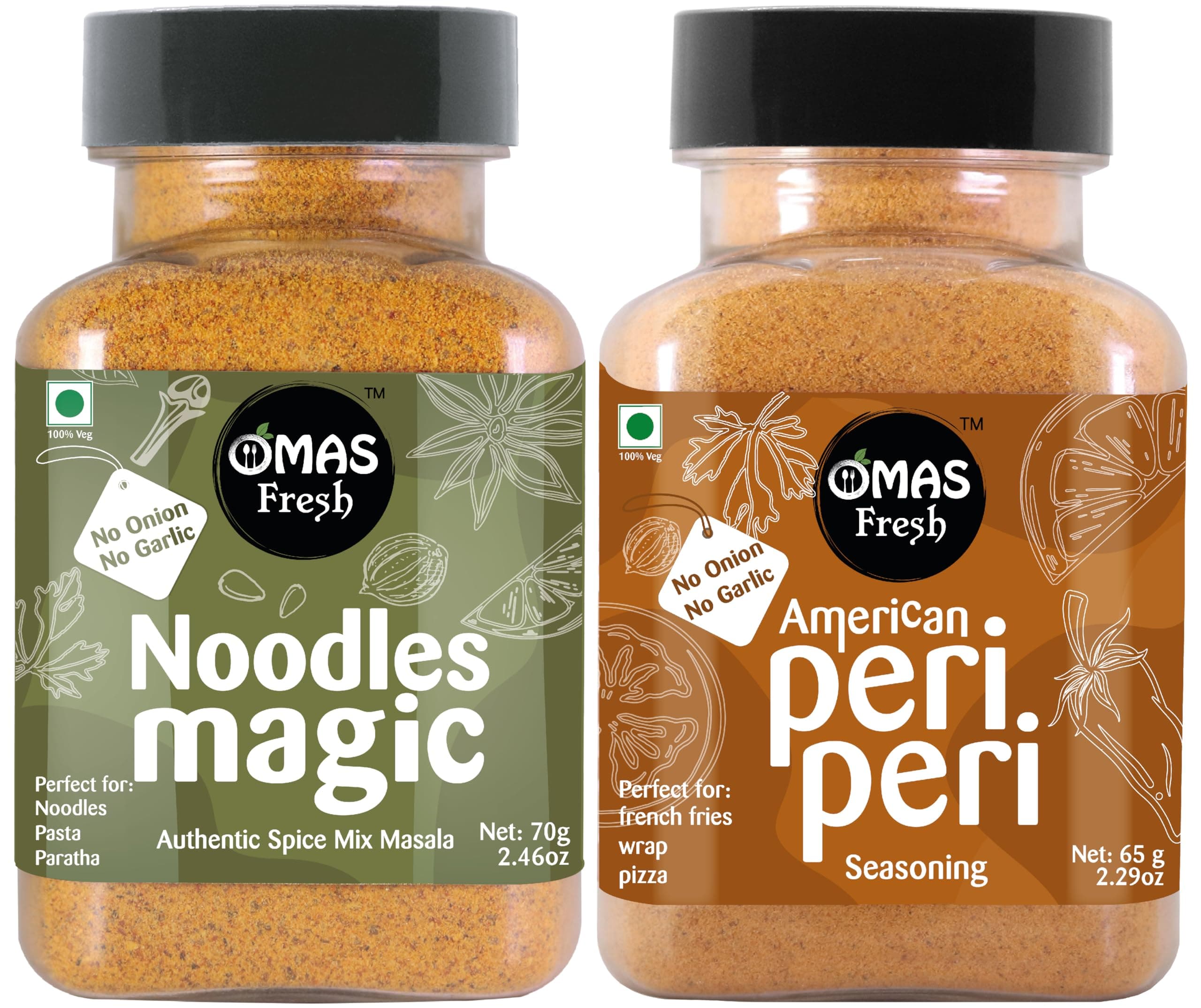 Omas Fresh No Onion No Garlic American Peri Peri 65g & Noodles Magic Masala 70g Sprinkled on Noodles, Salads, Soups, Sauces and Pasta | Jain Masala Combo — image 2