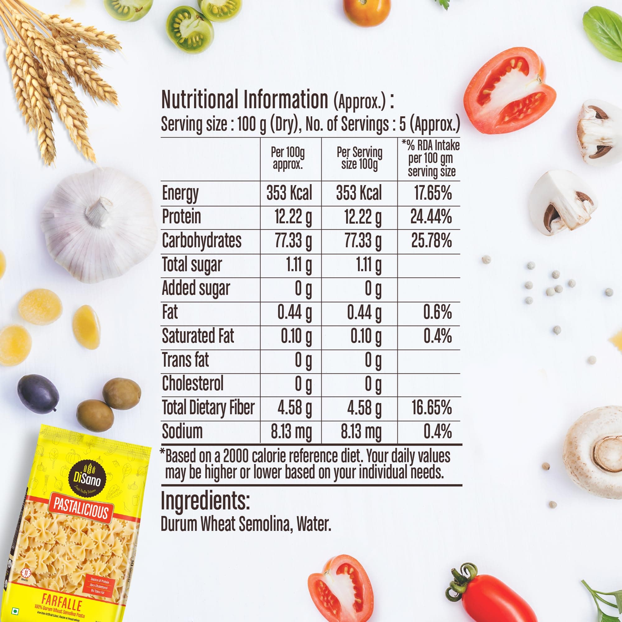 DiSano Farfalle Pasta 500g, Healthy Pasta, Made with 100% Durum Wheat Semolina, 100% Suji, No Maida, Source of Protein & Fibre, Non-Sticky — image 2
