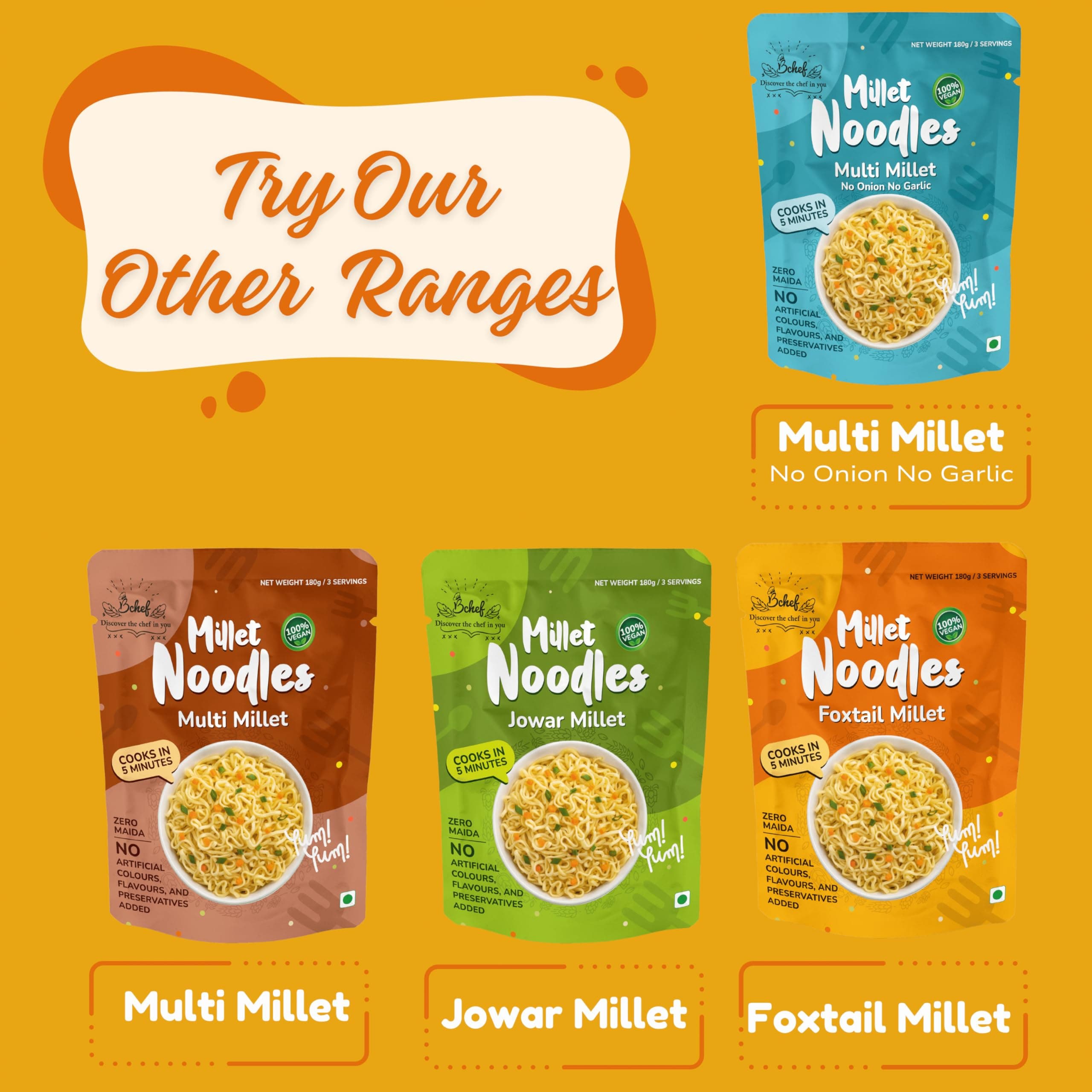 Bchef Jowar and Multi Millet Noodles | Zero Maida, No Artificial Colours, No Flavours & Preservative Added | 100% Vegan Noodles | Healthy Nutritional Food, (Combo Pack of 2,180g each) — image 5