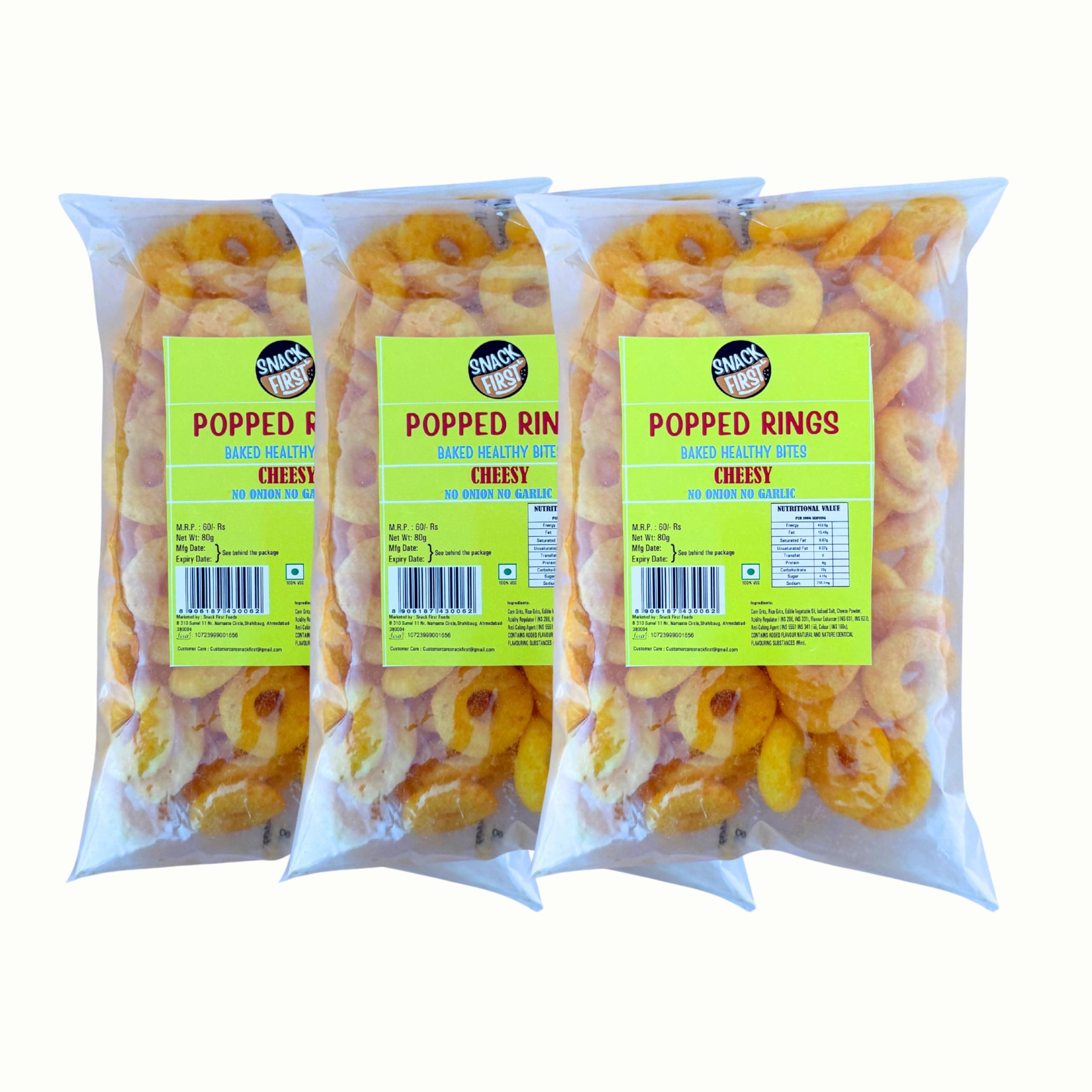 Snack First Popped Rings Cheese, Pack of 3, No Onion No Garlic, Jain, Puffed Snack, Corn Ring, Healthy Snack, Each 80g — image 2