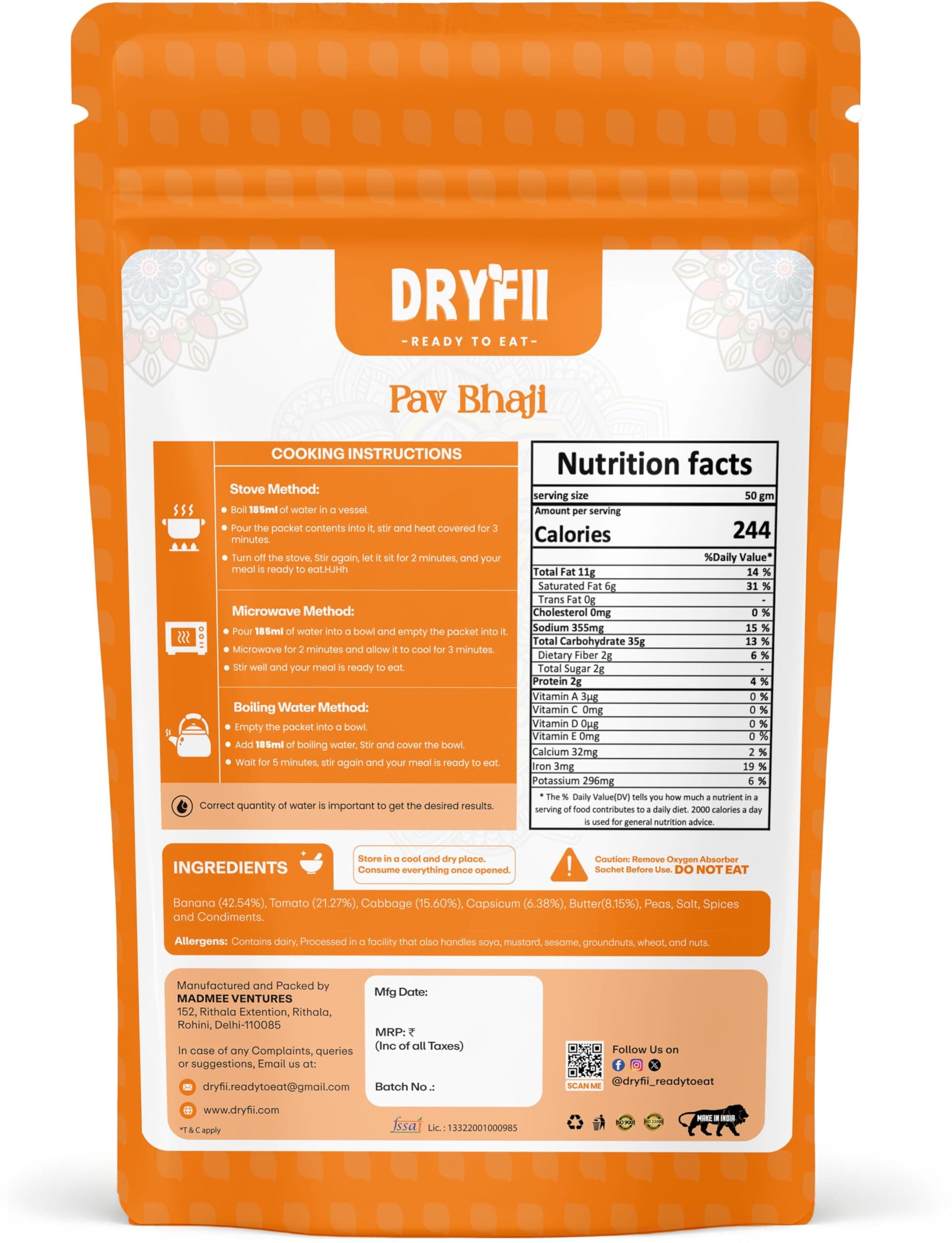 Dryfii Ready-to-Eat Dal Paratha (5 Pcs Parathas) with Jain Pav Bhaji | Veg Combo Meal | Pure Vegetarian — image 3