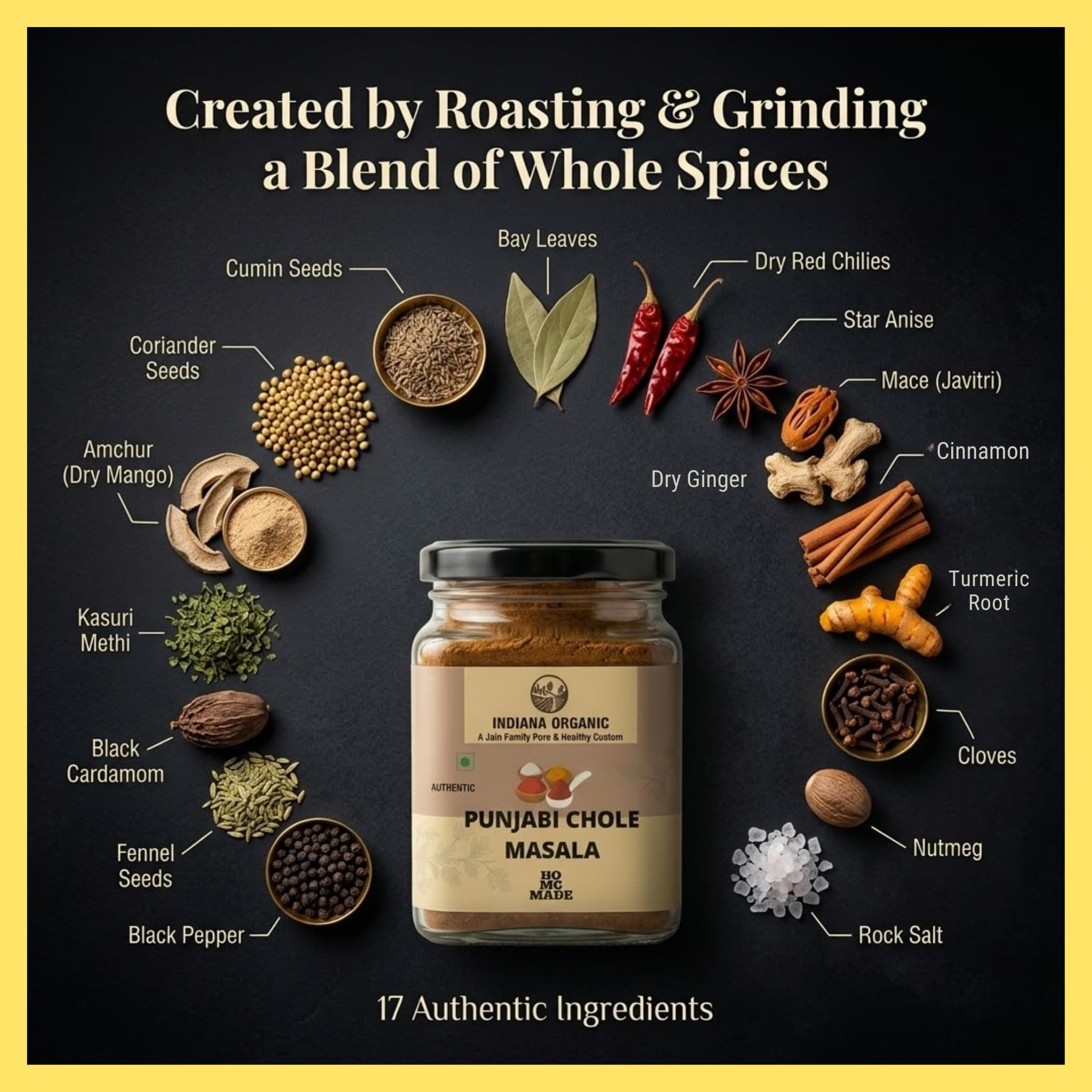Indiana Organic Punjabi Chole Masala | Authentic North Indian Spice Blend | No Preservatives, No Additives, Gluten Free | Freshly Ground Whole Spices | Homemade Taste | 150g Glass Jar | No onion & garlic added — image 3