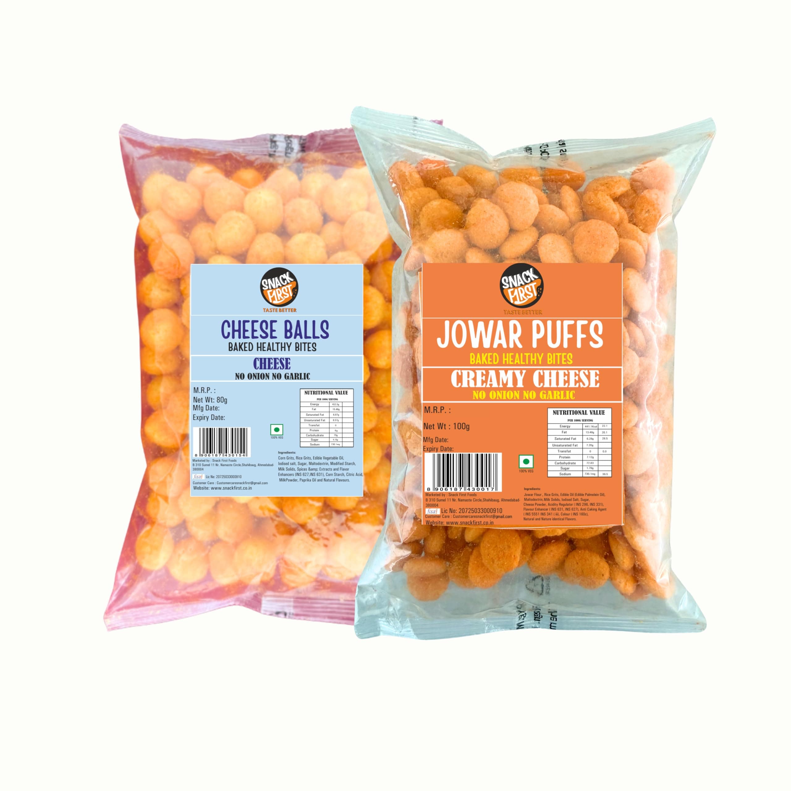 Snack First Baked Cheese Ball (80g) & Cheese Jowar Puff (100g), Pack of 2, No Onion No Garlic, Jain, Puffed Snack, Corn Puffs, Healthy Snack, Namkeen, 180g — image 2
