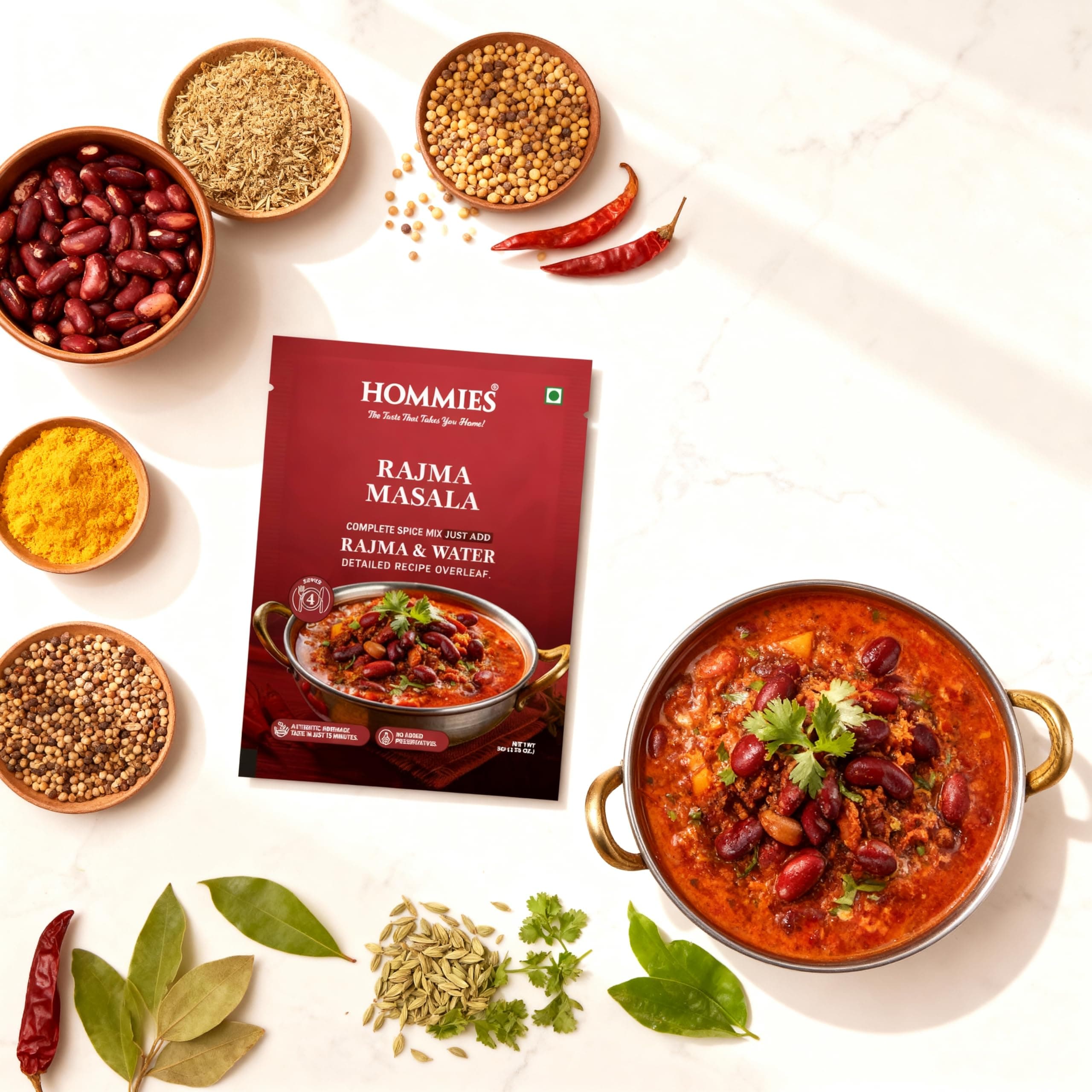 Hommies Rajma Masala Curry Spice Mix | Ready to Cook in 15 Mins | Just Add Rajma & Water | Authentic Punjabi Curry Masala | Serves 4 | Bold & Flavorful Taste | No Preservatives | Pack of 4 (200g, 50g Each) — image 4