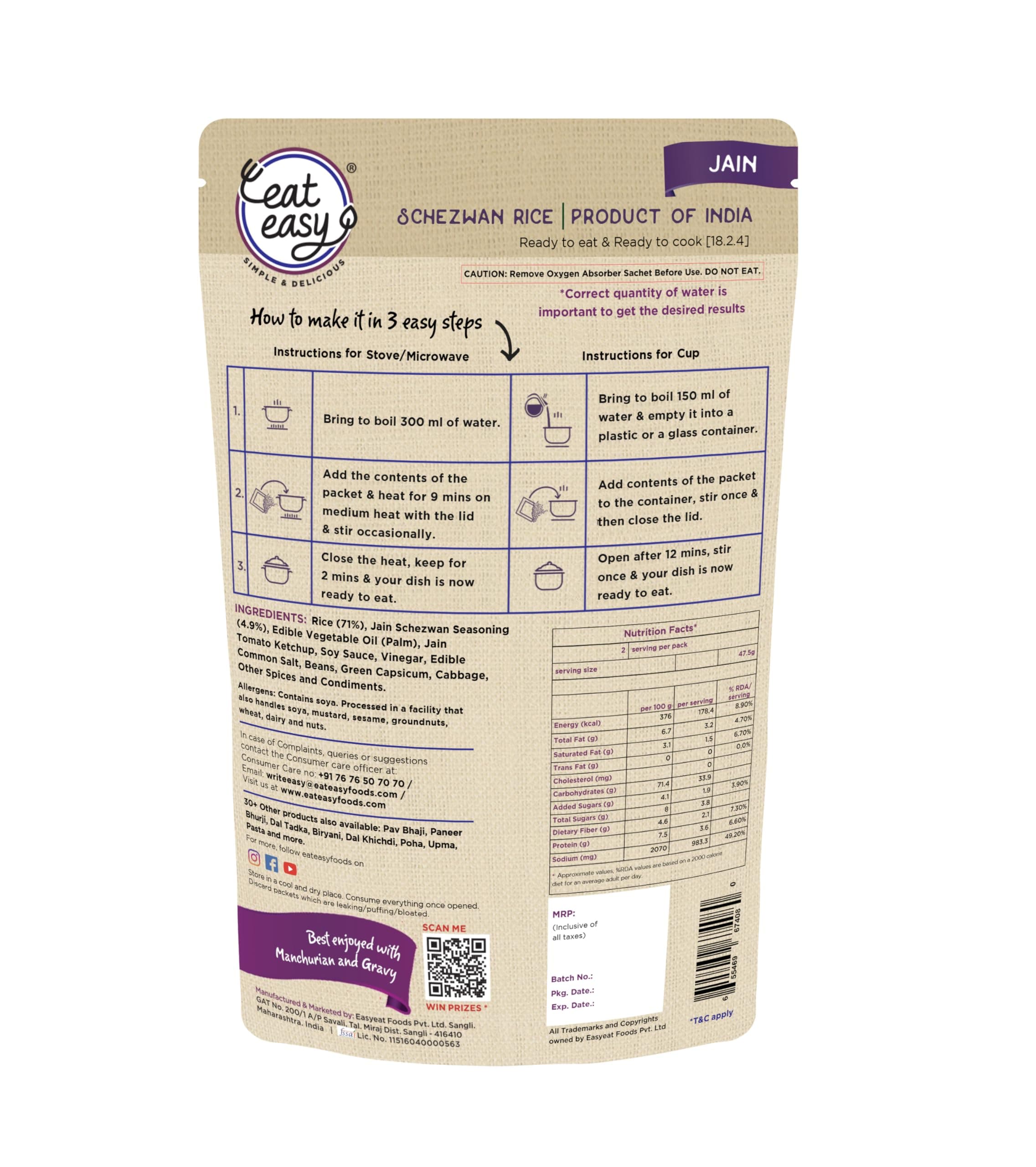 Eat Easy Jain Schezwan Rice – 95g | No Garlic No Onion Ready to Eat & Cook | Freeze Dehydrated Instant Rice | 100% Veg | No Preservatives | Just Add Water — image 2