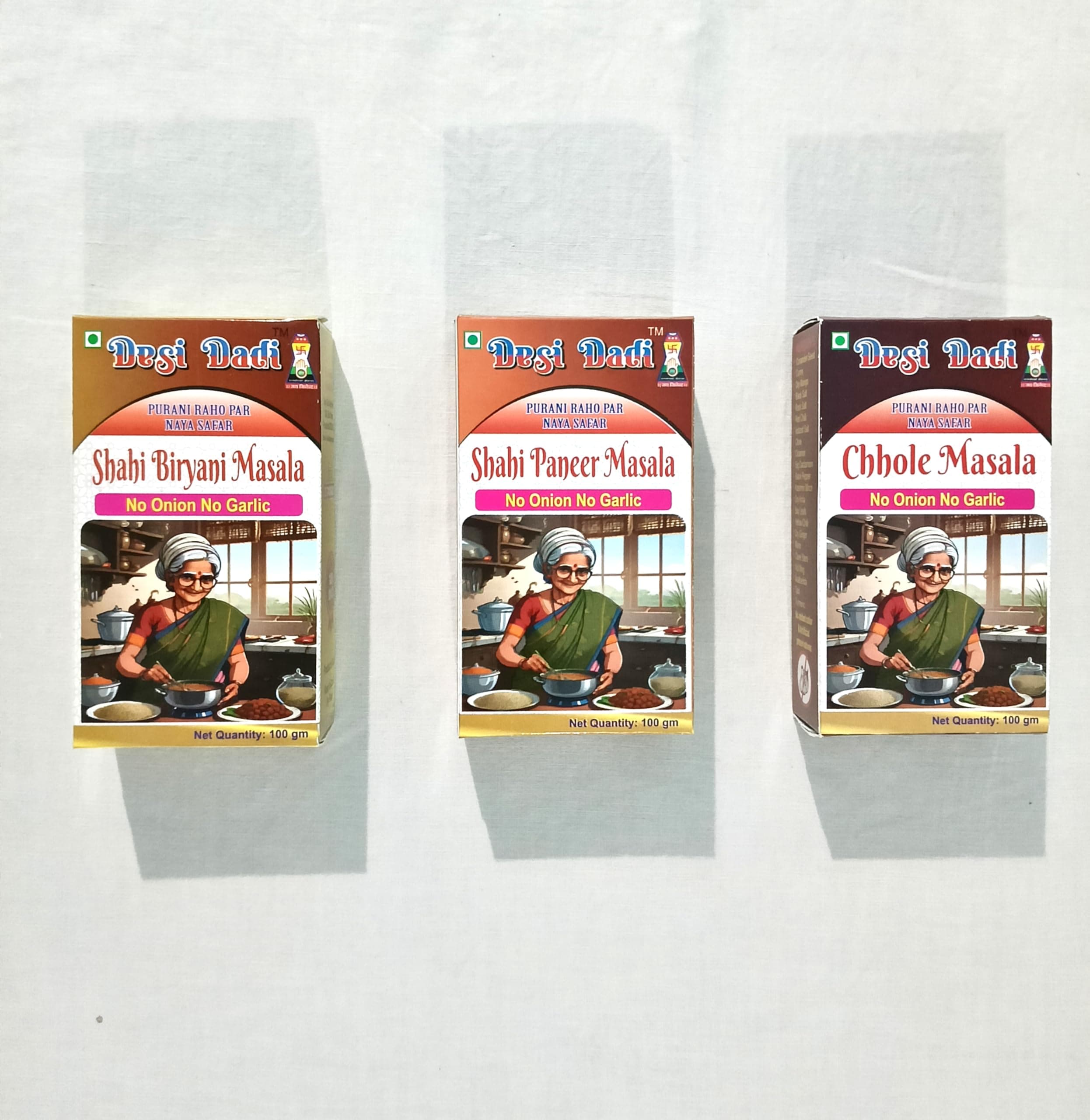 Desi Dadi Premium Indian Spice Mix Combo Pack, Shahi Biryani Masala, Shahi Paneer Masala, Chhole Masala, No Onion No Garlic, 100g Each