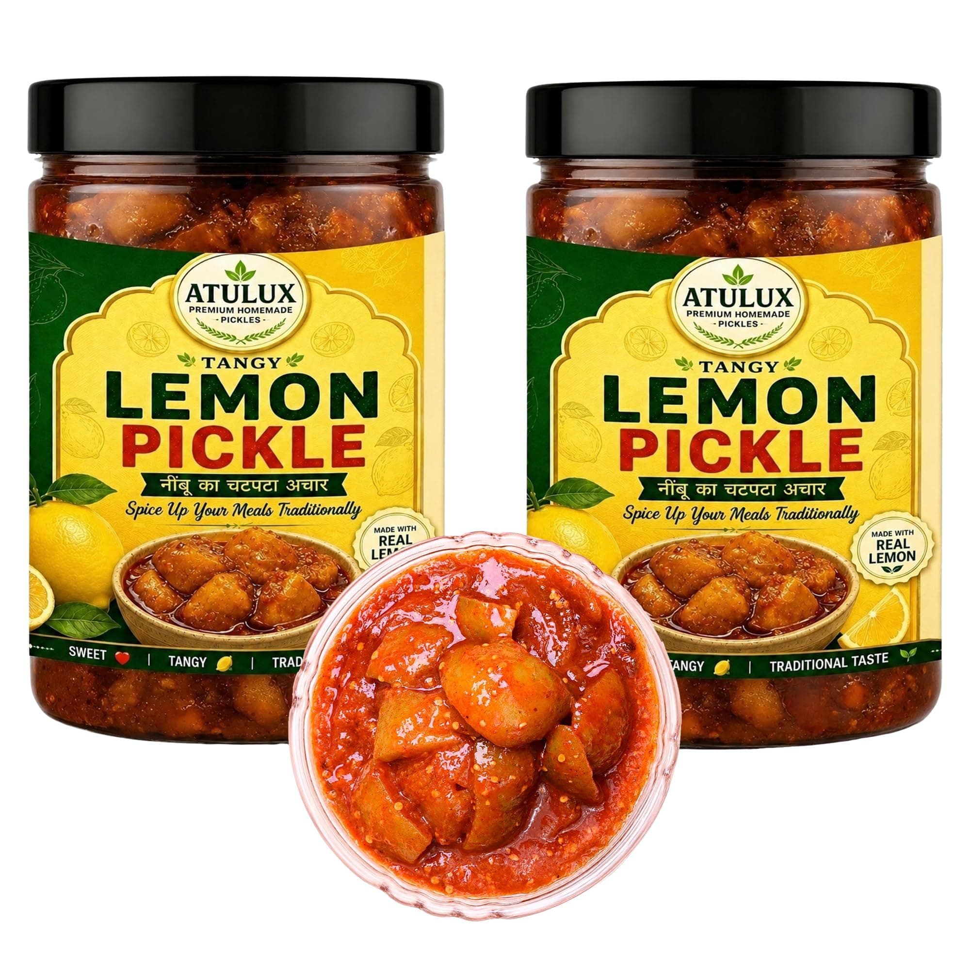 ATULUX Lime Pickle 1Kg, Traditional Nimbu Achar, Spicy Tangy Homemade Style, Oil Free, No Onion No Garlic Pack of 2 (500g Each)