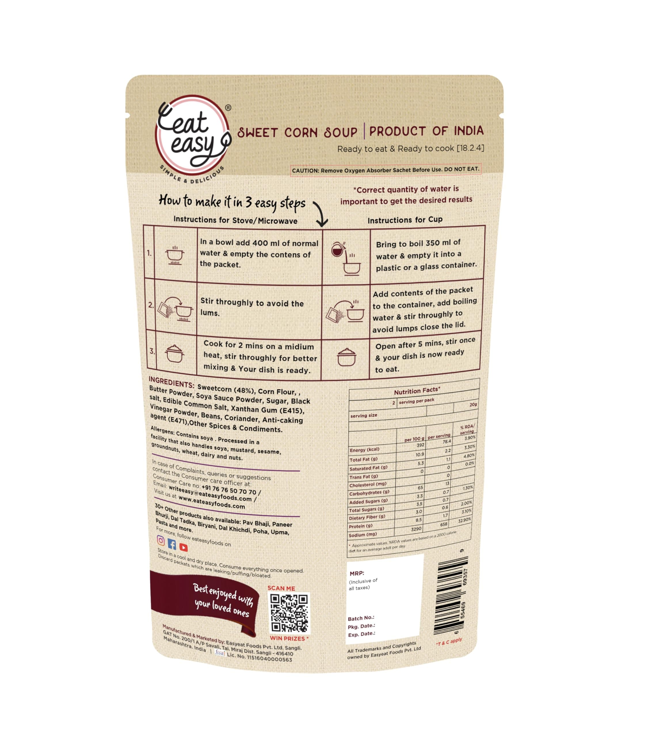 Eat Easy Ready To Eat Sweet Corn Soup 40 gram (Pack of 2) I Just Add Water and Cook I Freeze Dehydrated Organic Healthy Instant Creamy & Tasty Soup Packet for Travel, Camping or Trekking Meal, Hostel Students I No Preservatives — image 3