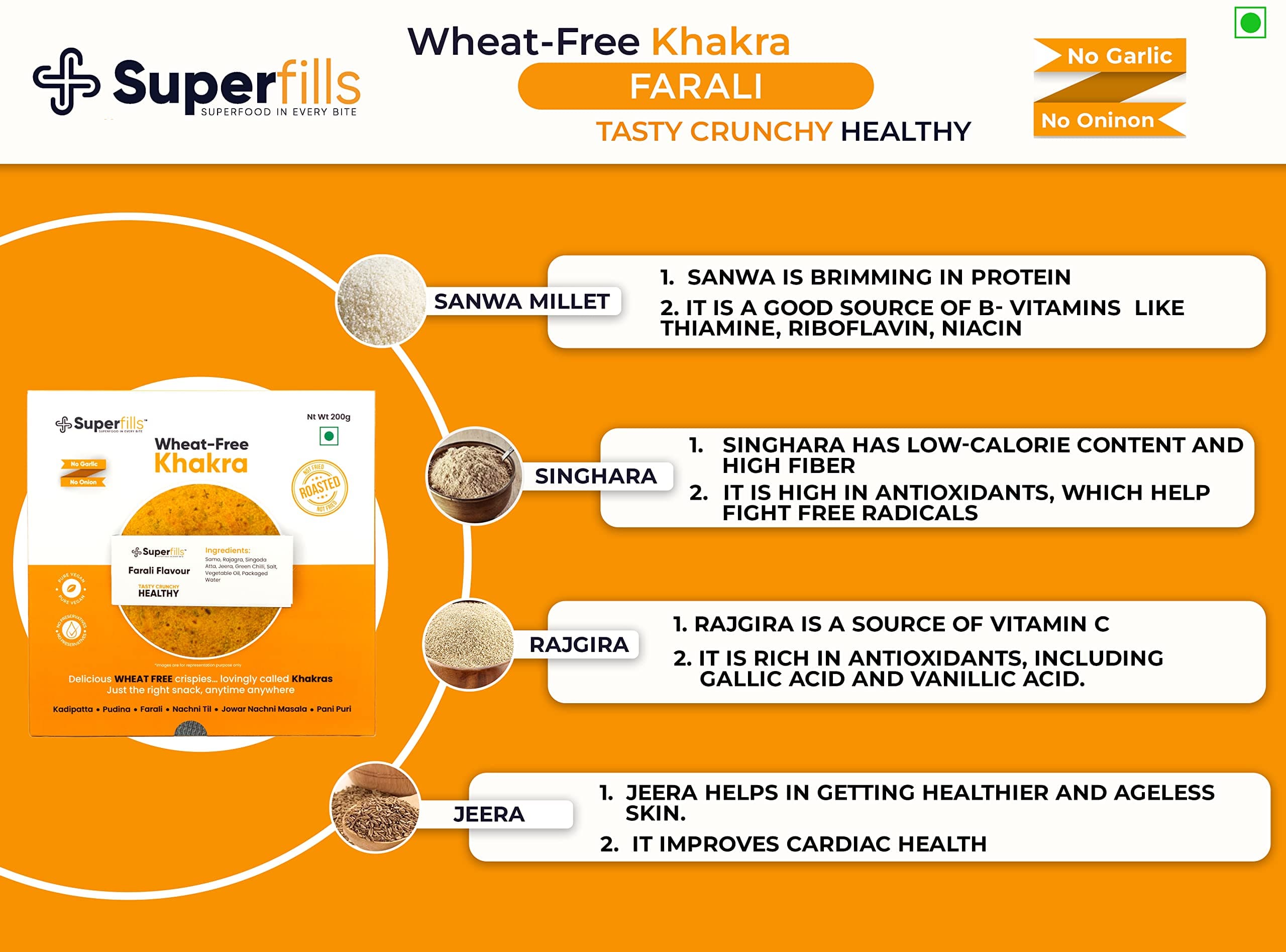 Superfills Wheat - Free Combo of 2 Farali+2 Pudina Flavour Khakra, Healthy Gujrati Crispy Indian Snacks | Ready to Eat | No Garlic & No Onion, 800 G — image 4