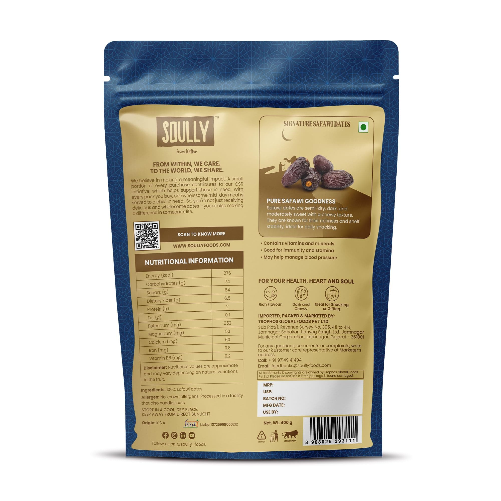 Soully Safawi Dates 400g | Premium Dates from Al-Medina | High in Fibre | Soft & Juicy Khajoor | No Added Sweeteners or Preservatives | Healthy Snacks khajur | Healthy Kalmi Dates for Snacking & Recipes — image 3