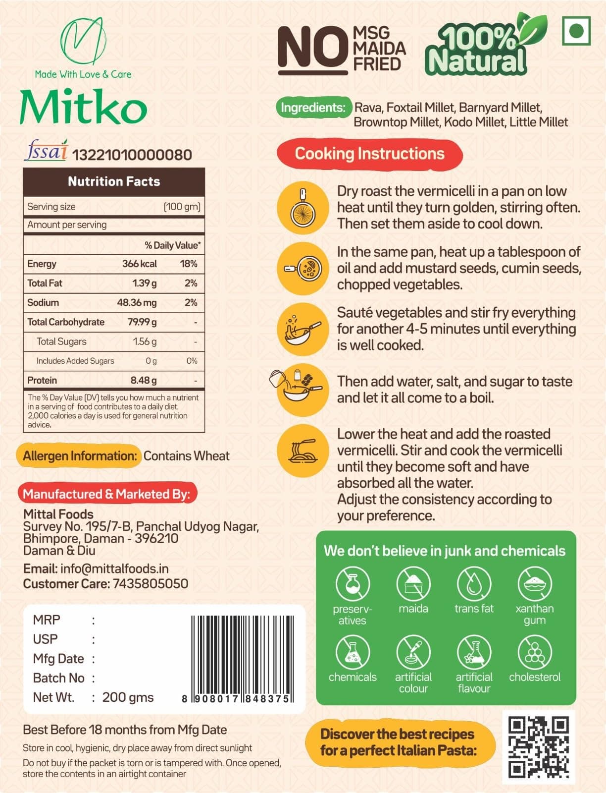 Mitko Vermicelli | Multi Millet Healthy Vermicelli | No Maida | High Fibre | High Protein | Ready in 10 Minutes (2 × 200 g) — image 3