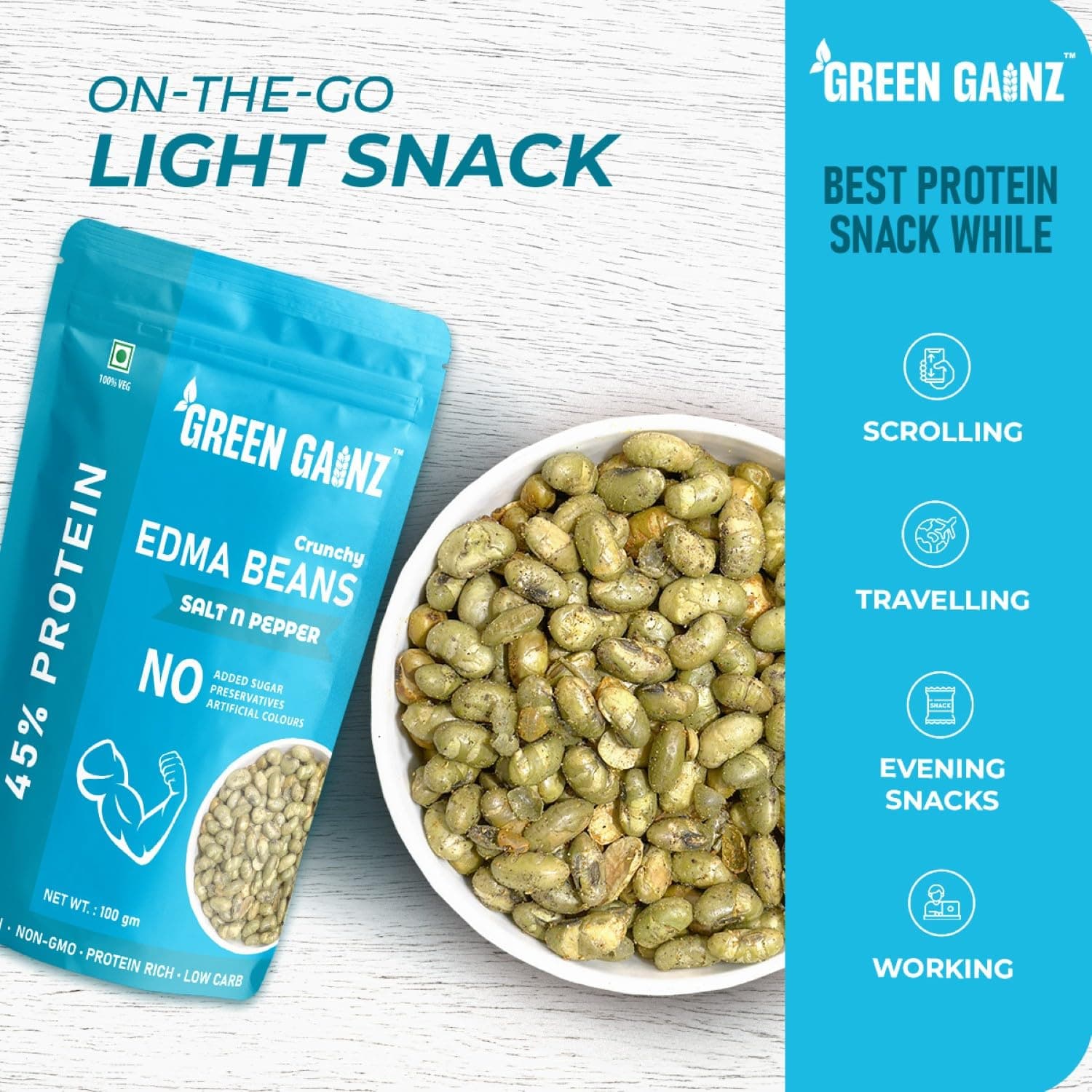 Green Gainz Roasted Edamame Salt n Pepper Flavour 100gm | Healthy Namkeen Snacks | Vegan | High Protein Snack | Weight Loss Friendly | No Palm Oil | Roasted, Not Fried — image 6
