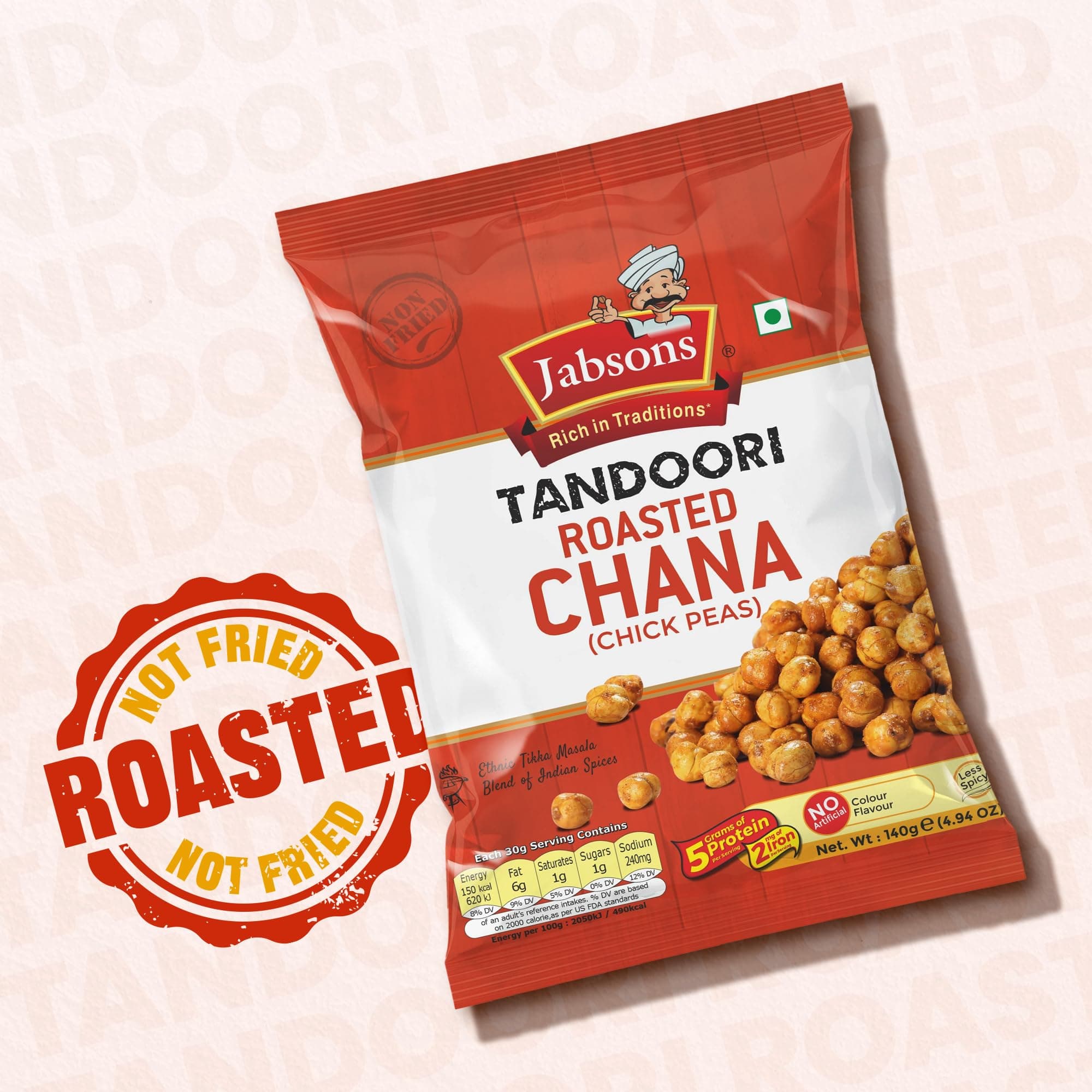 Jabsons Roasted Chana Tandoori Flavour - 140gm With No Onion & Garlic | Desi Roasted Namkeen Snacks| Gluten-Free Crunchy Protein Snack | Tandoori Bhuna Chana - Ready to Eat — image 3