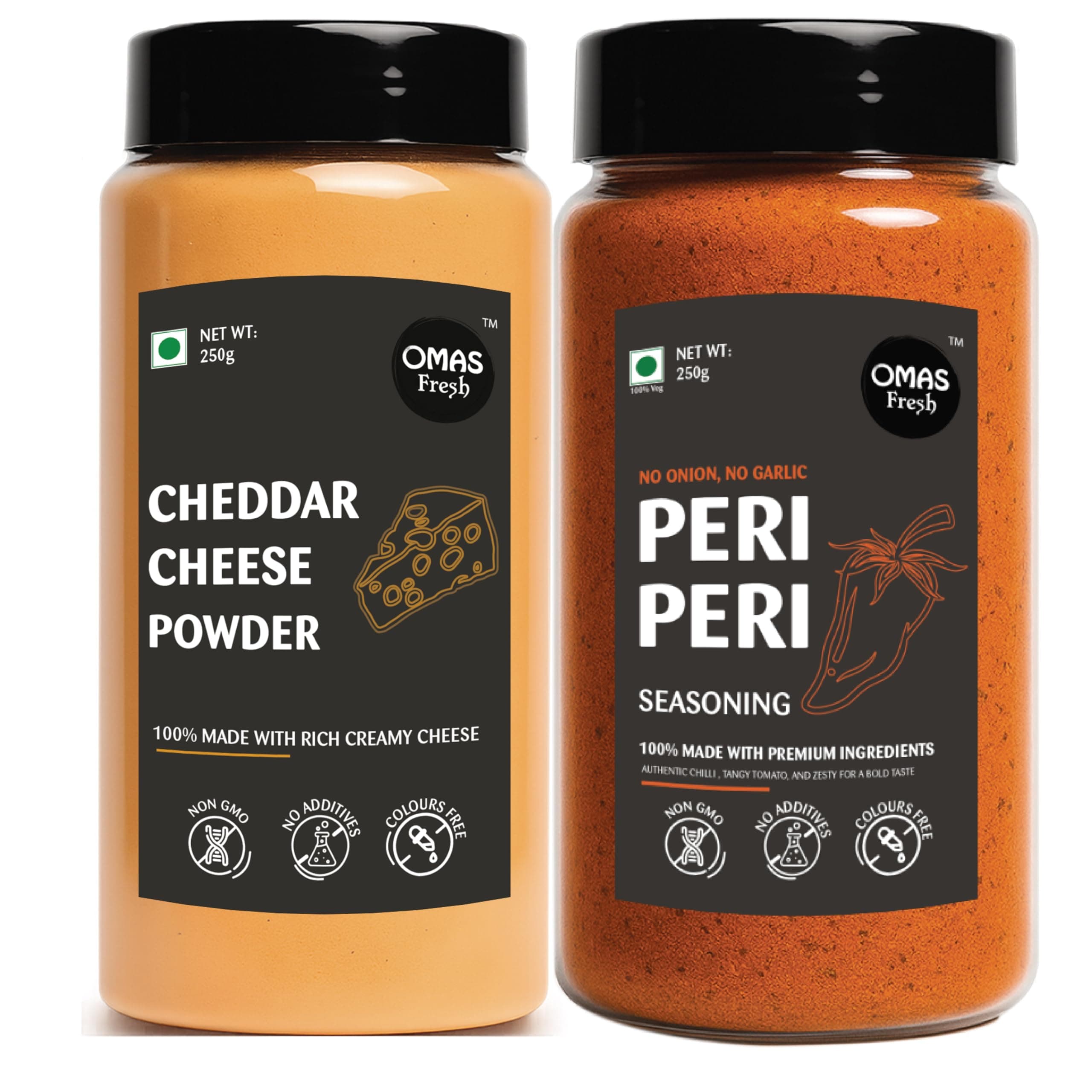 Omas Fresh No Onion No Garlic Peri Peri Seasoning & Cheddar Cheese Powder | 250g × 2 Combo Pack | Spicy & Cheesy Flavour Duo for Pasta, Snacks & Everyday Cooking — image 2