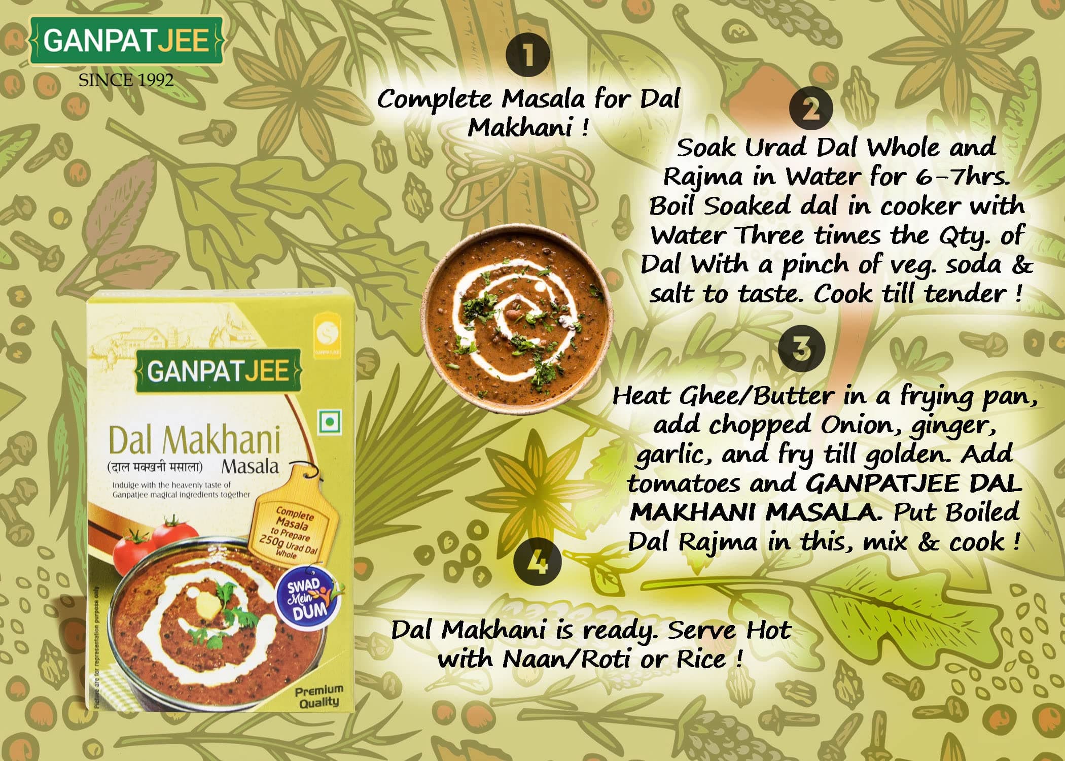 Ganpatjee Dal Makhani Masala Powder 45G | Pack of 15g x 3 | No Onion No Garlic | Authentic Taste Ready Mix masala — image 5