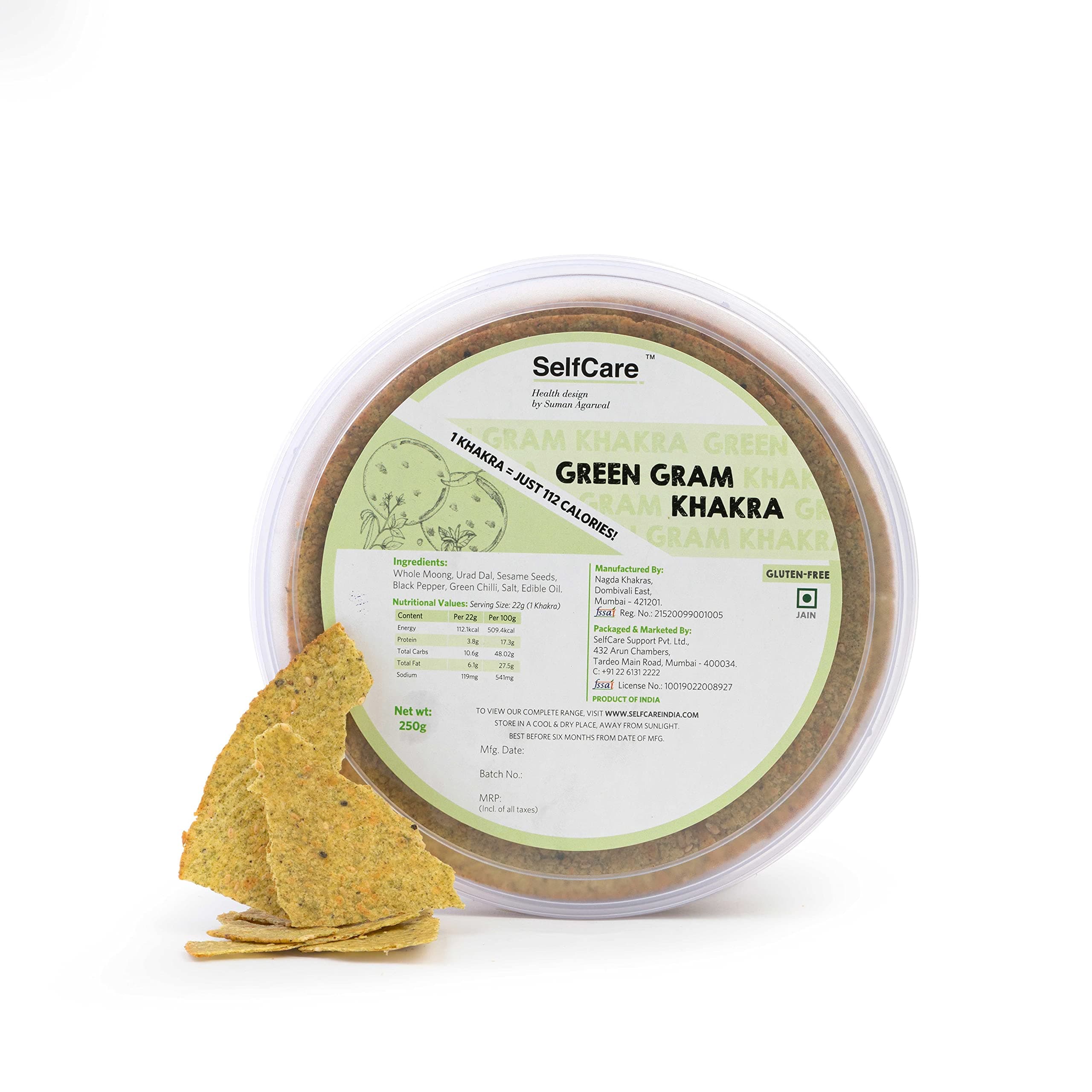 SelfCare By Suman Agarwal Green Gram Khakhra Pack of 1 250g | Roasted-Healthy-Snacks-Crackers-Namkeen-Grocery | Crispy & Chatpata - Tae time - Eat with Dip | Gluten Free - Jain & Travel Friendly