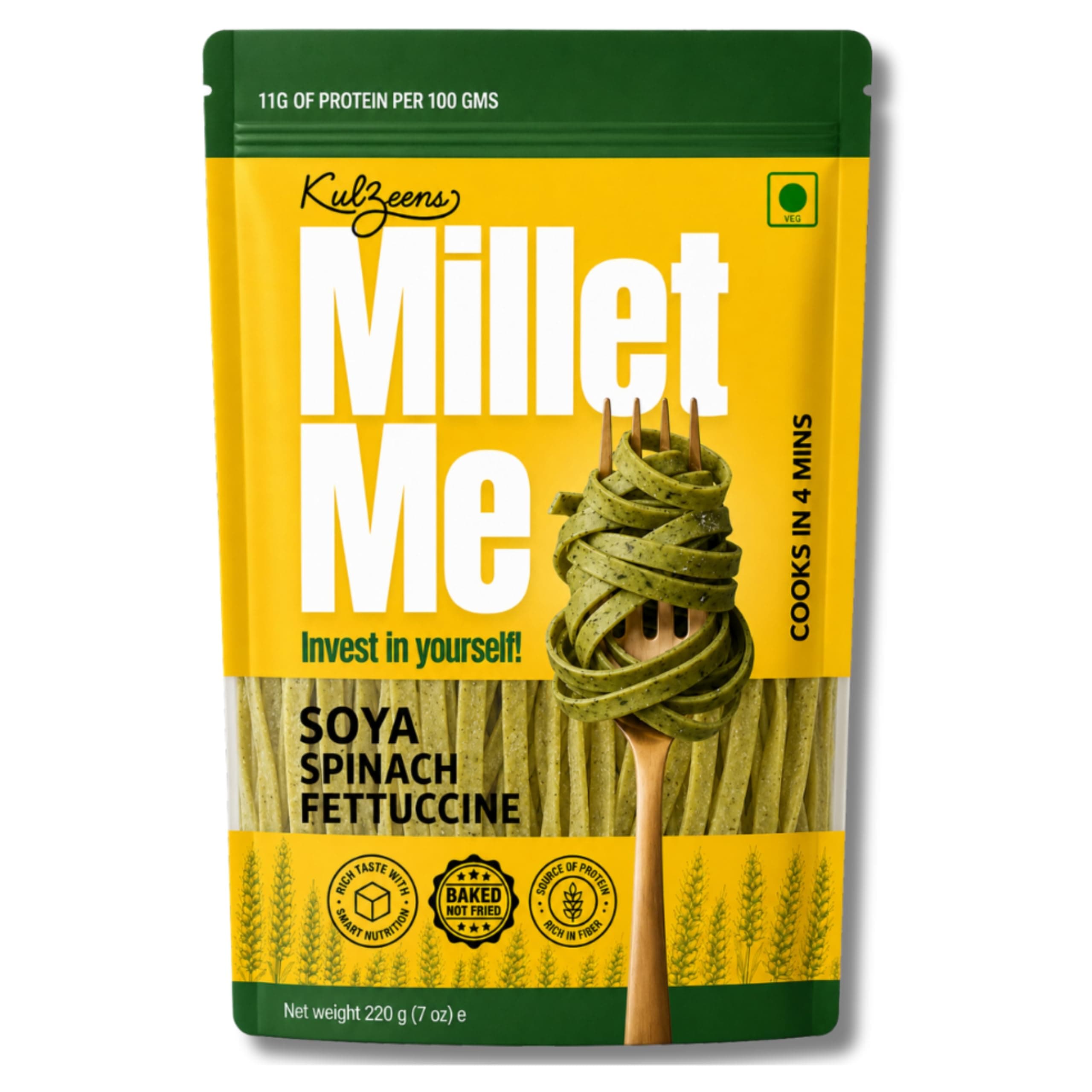 Millet Me by Kuizeens SOYA Spinach Fettucine - 220G (Pack of 1) |Protein-Rich | Easy-to-Make | Fresh & Flavourfull | No MSG |No Preservatives|Vegan & Wholesome|Ready in Minutes | Jain | No Onion & Garlic