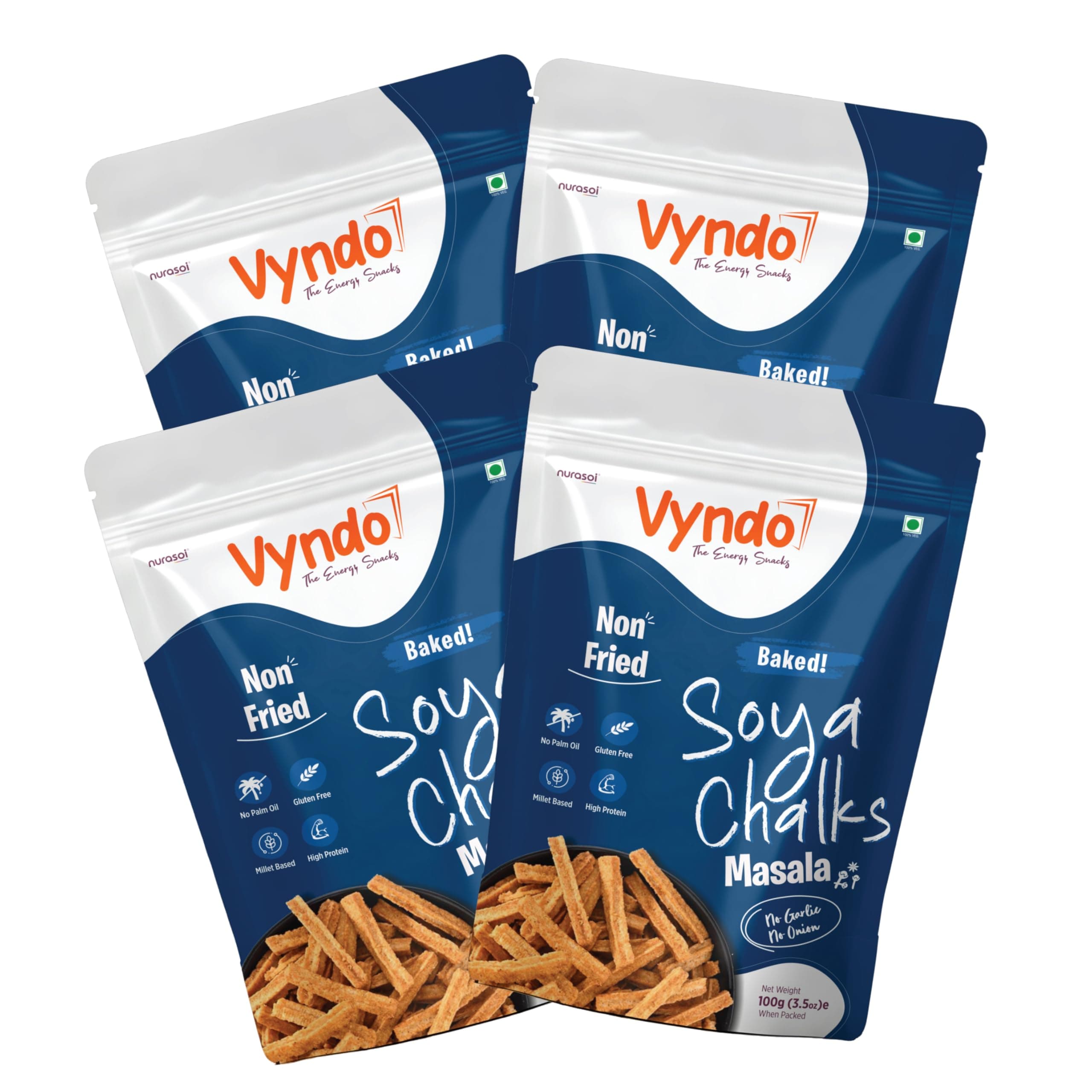 Vyndo Masala Soya Chalks (Soya sticks) | Millet-Based, Protein Rich, Gluten-Free, Non-Fried, No Palm Oil | Healthy Crunchy Energy Snacks for Adults & Kids – 4 x 100g Packs. — image 2