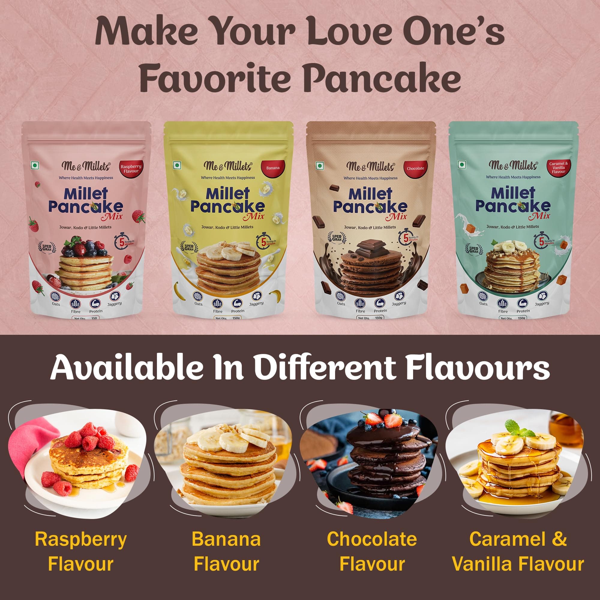 ME & MILLETS Chocolate and Banana Millet Pancake Mix (150g X 2) Sweetness Of Jaggery, No Maida, No Wheat, No Preservatives, Vegetarian, Eggless, Healthy Breakfast for Family (Jain Friendly) — image 7