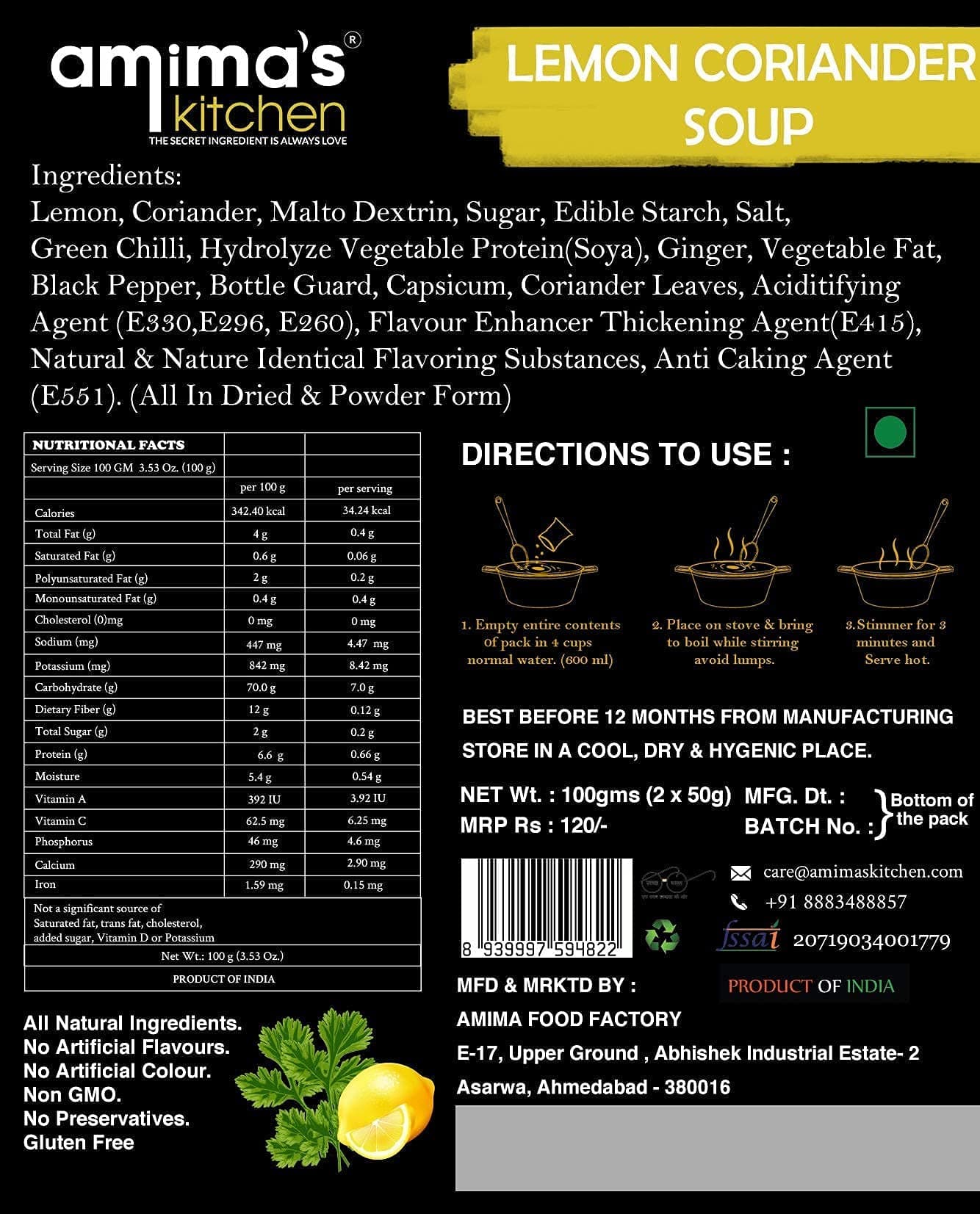 Amima's Kitchen Lemon Coriander Jain Soup (No Onion No Garlic) - 100 Grams [Serves 10] | Instant Soup Mix Powder | Ready To Cook | No Artificial Flavour & Colour | Gluten Free | Non GMO | Healthy Soup — image 6