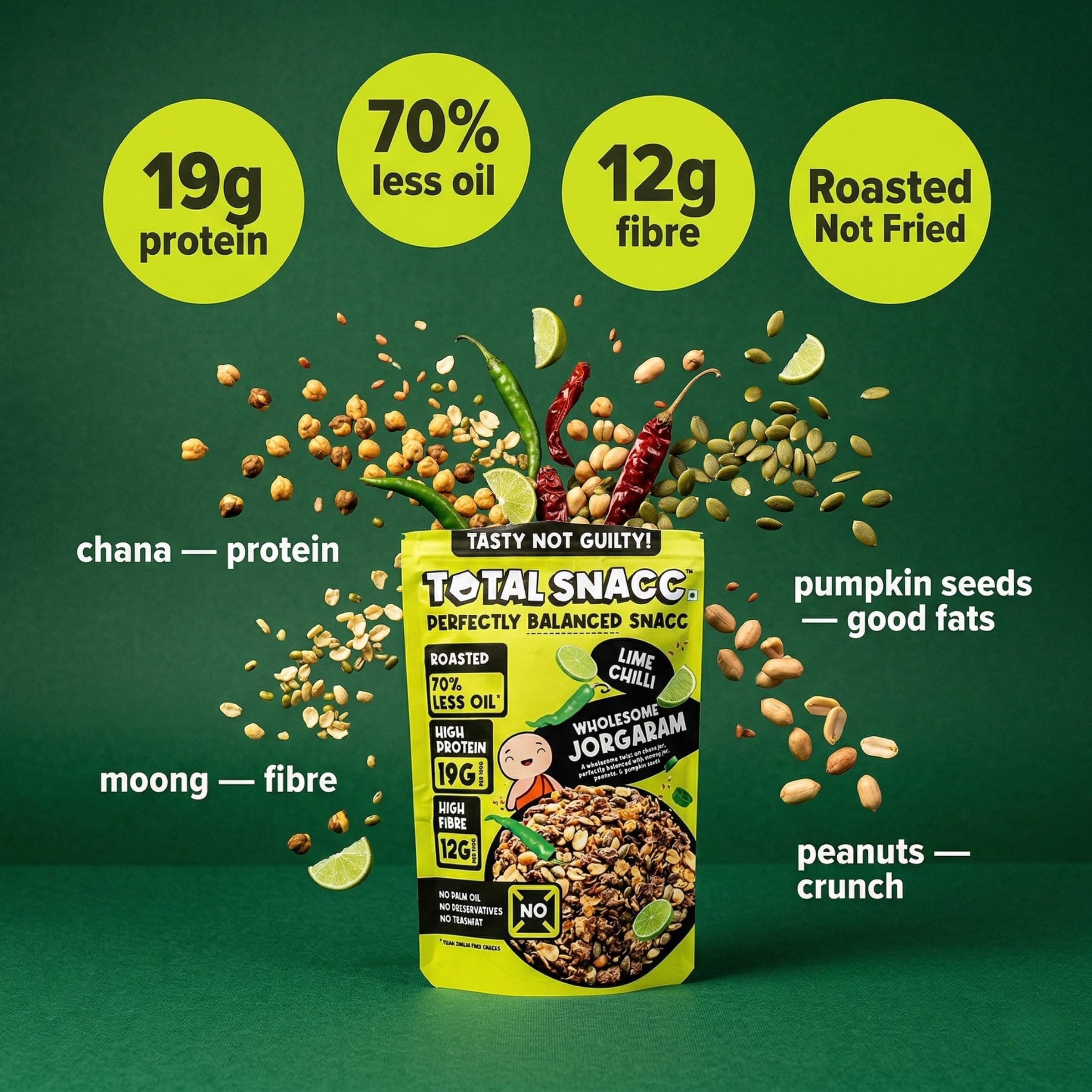 TOTAL SNACC Wholesome Jorgaram Lime Chilli (125g x 2) | High Protein 19g | High Fibre 12g | Roasted Not Fried | 70% Less Oil | No Palm Oil | High Protein Snacks | Baked Namkeen Mix | Healthy Snacks | No Preservatives | Diabetic Friendly | a mix of chana jor, moong jor, peanuts, & pumpkin seeds — image 3
