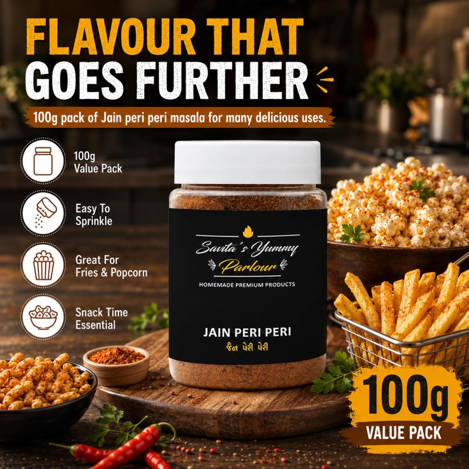 Savita’s Yummy Parlour Jain Peri Peri Masala – 100g | Homemade Premium Spice Blend | Zesty & Spicy Seasoning for Popcorn, Fries & Snacks — image 5