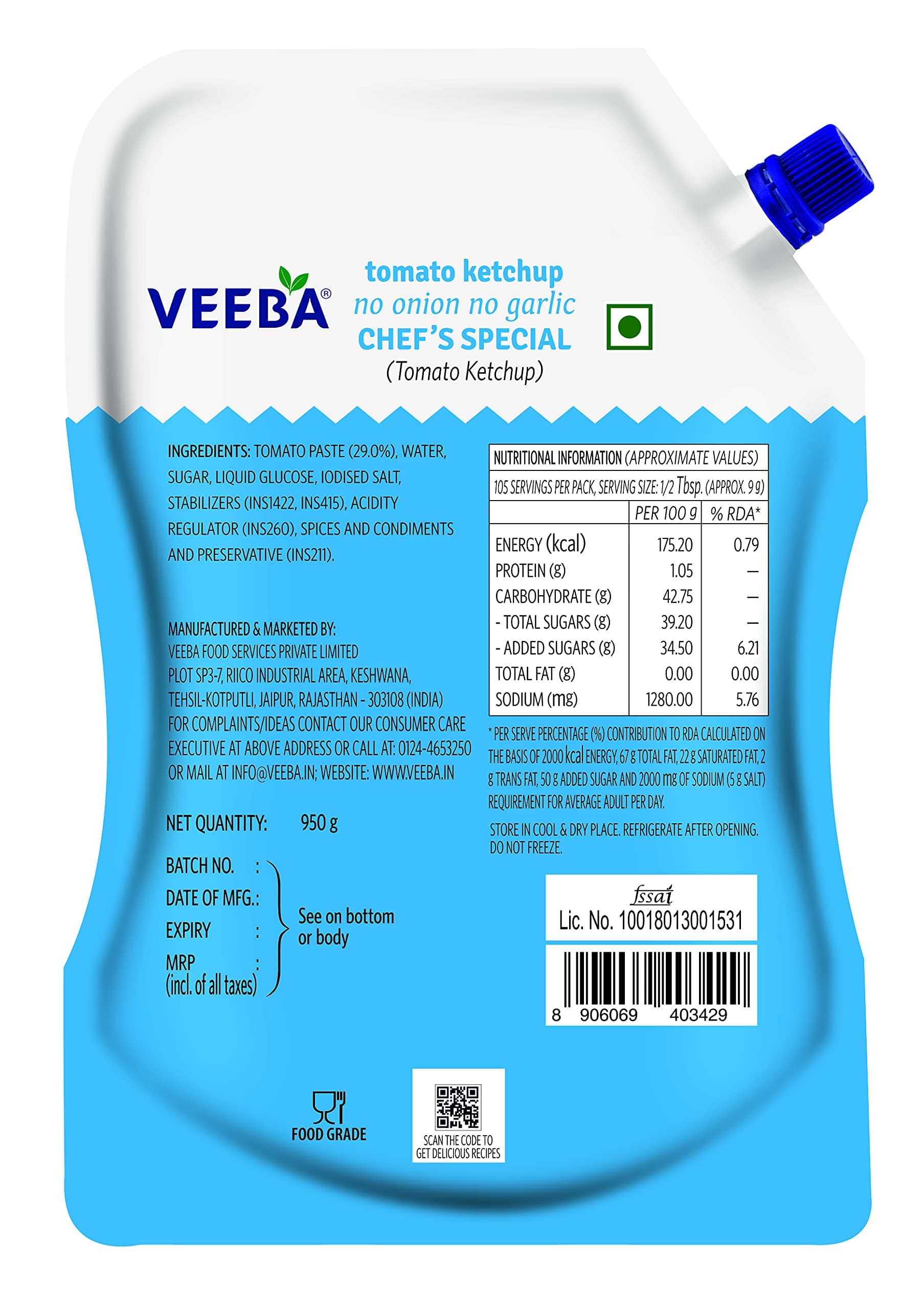 VEEBA Pasta and Pizza Sauce - No Onion No Garlic, 280Gram, Tomato Ketchup - No Onion No Garlic Chef's Special (900Gram) — image 2