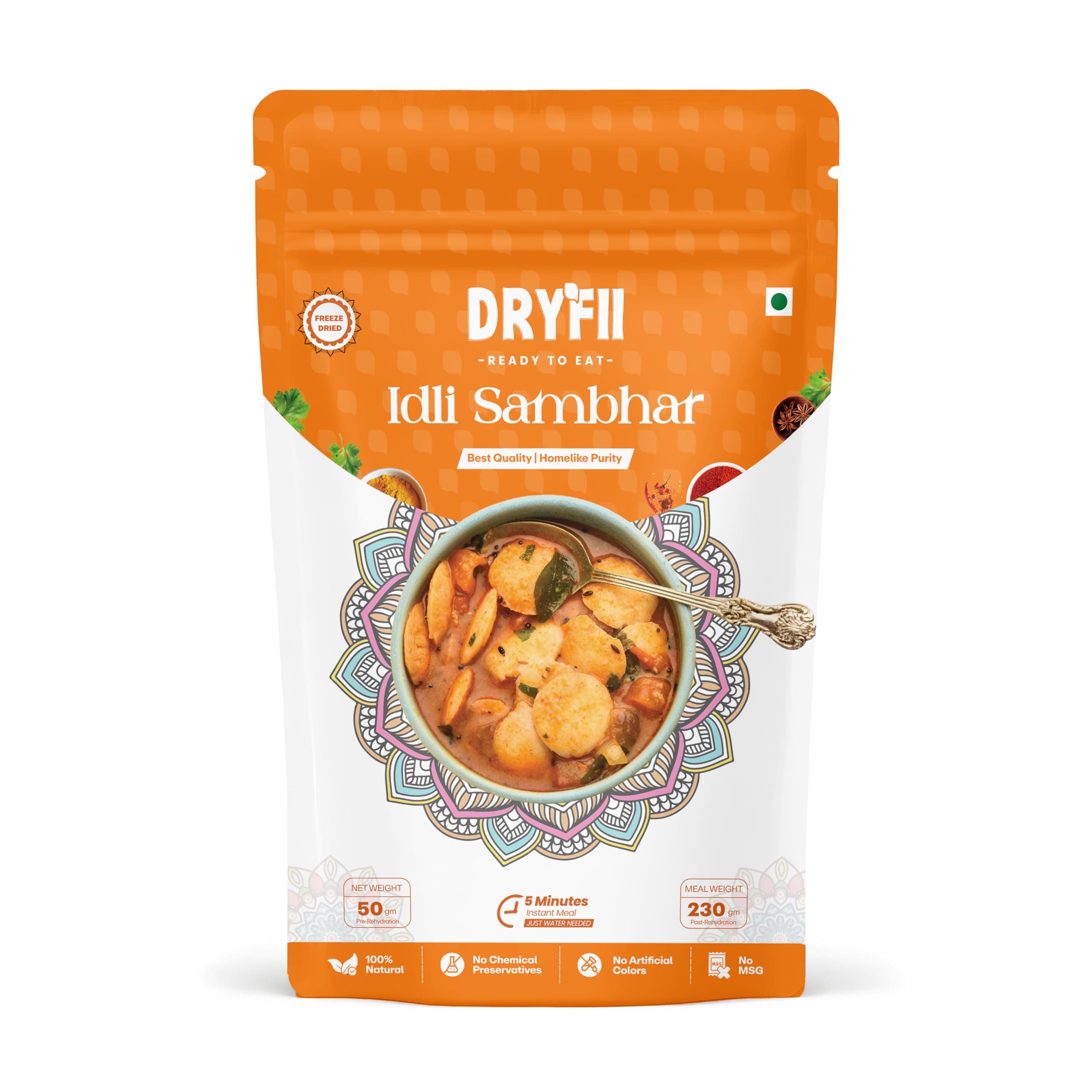 Dryfii Ready to Eat Idli Sambhar | South Indian Instant Breakfast | No Preservatives | Freeze Dried | Healthy & Tasty | Travel Friendly Veg Meal (50g Makes 230g) — image 3