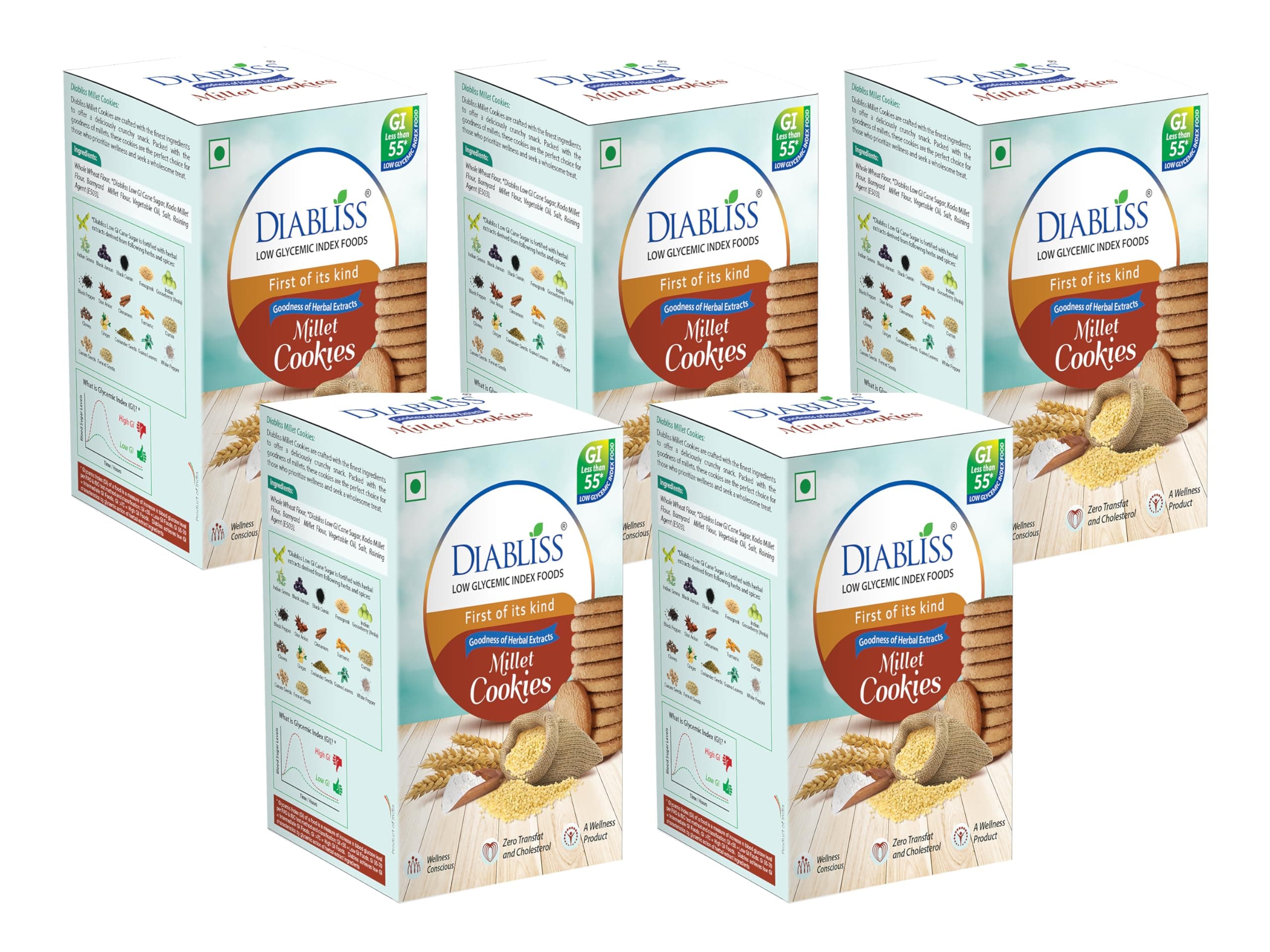 Diabliss Millet Cookies – Made with Millets & Whole Wheat, No Maida | Low GI Sugar & 17 Herbs & Spices | Glucose Friendly Crunchy Snack | Trusted by Consumers in 3 Continents | 120g - Pack of 5