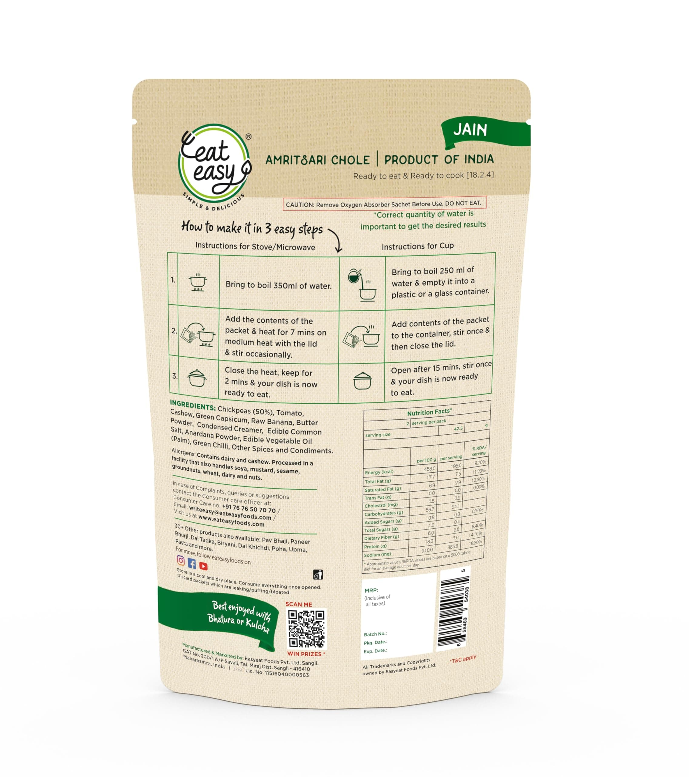 Eat Easy Ready To Eat Jain Amritsari Chole- 70gm (Pack of 2) | Freeze-Dried, Lightweight, No Moisture, No Onion & Garlic, High-Protein Punjabi Chhole for Camping, Trekking, Hostel Food, Travel, Quick Lunch & Dinner | Just Add Water Hot Water — image 3