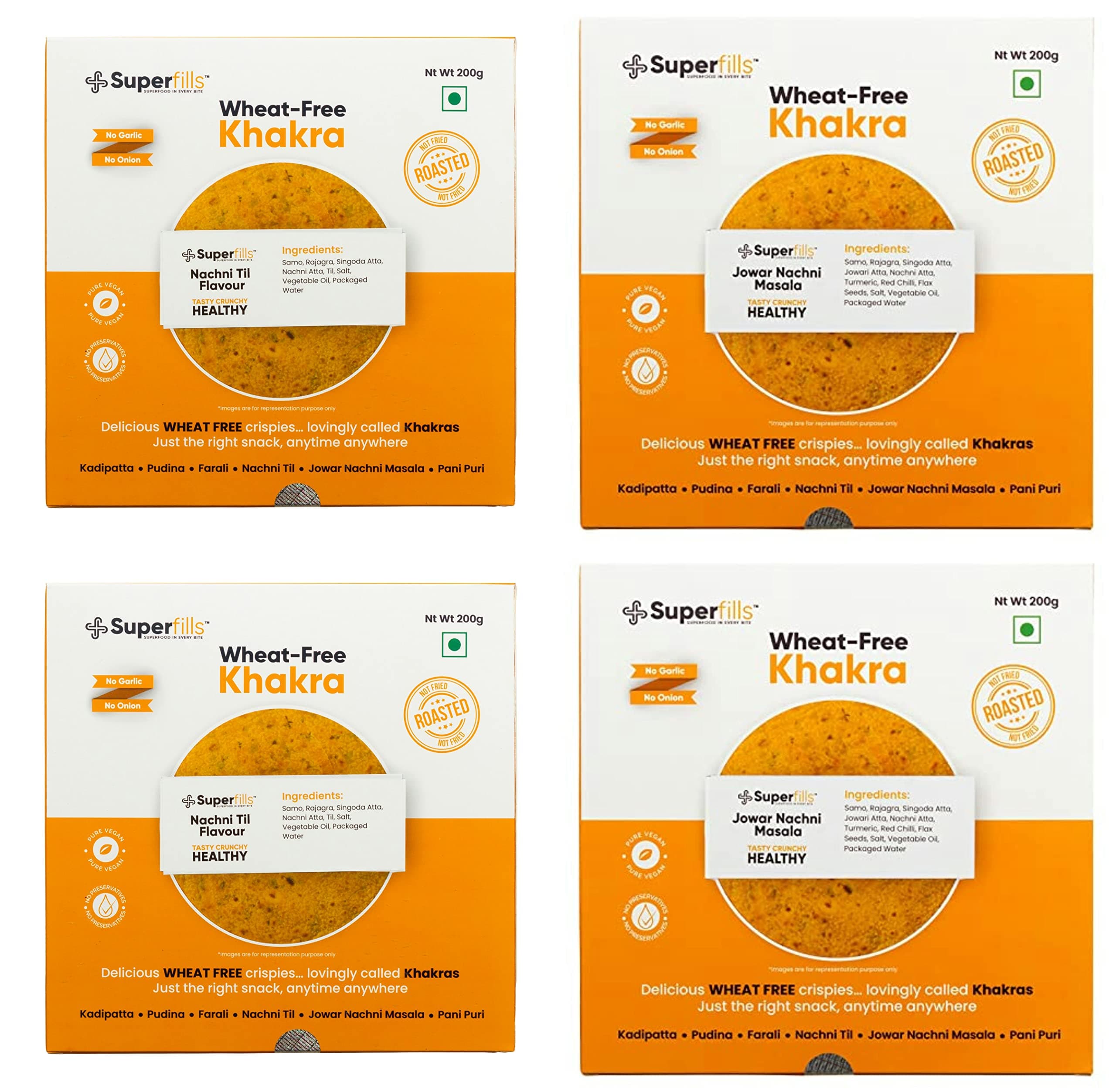 Superfills Wheat-Free (Gluten Free) Combo of 2 Nachni Till + 2 Jowar Nachni Flavour Khakra Healthy Gujarati Crispy Indian Snacks, Ready to Eat No Garlic & No Onion, 800G — image 2