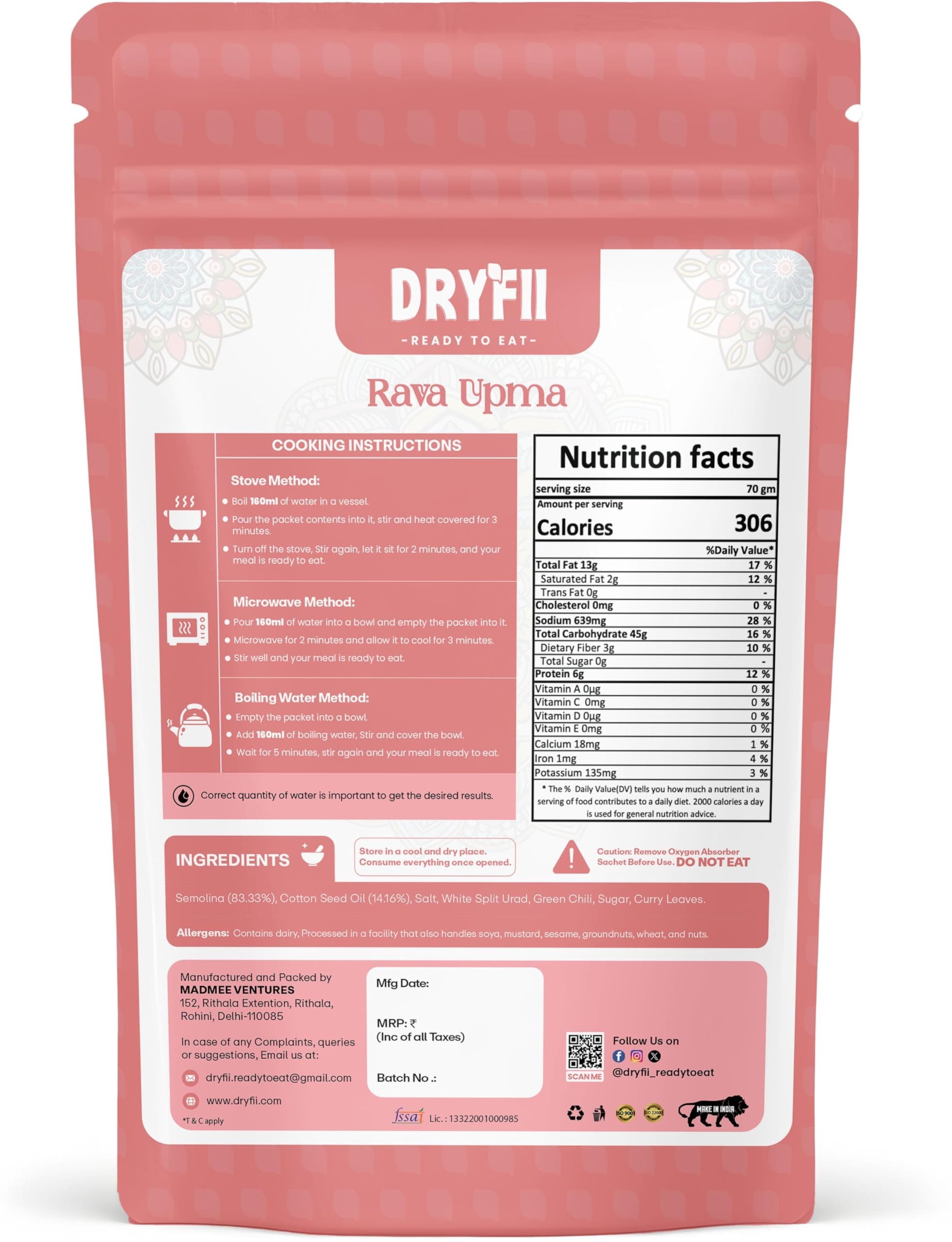Dryfii Ready-to-Eat Chapati (6 Pcs | 1 Pack) with Jain Upma | No Onion No Garlic Light Meal | Healthy Instant Indian Food | Travel Friendly Breakfast & Lunch Pack | Pure Vegetarian — image 2