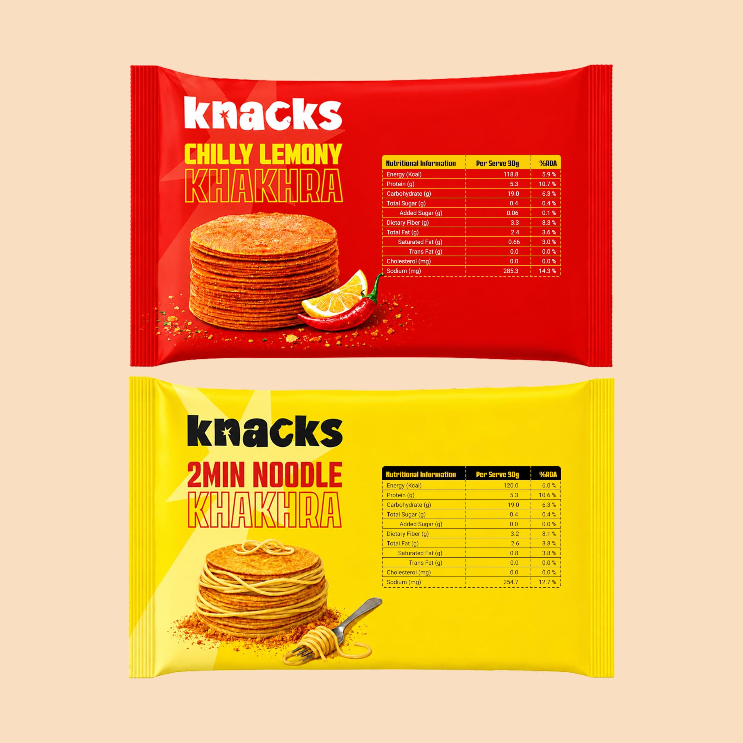 Knacks Masala Khakhra Pack | 2Min Noodle + Chilli Lemon Coin Khakhra, 6 x 30g | 119-120 Calories Per Pack | Healthy Snack Gift Box | No Palm Oil, No Maida, Not Fried | High Protein — image 3