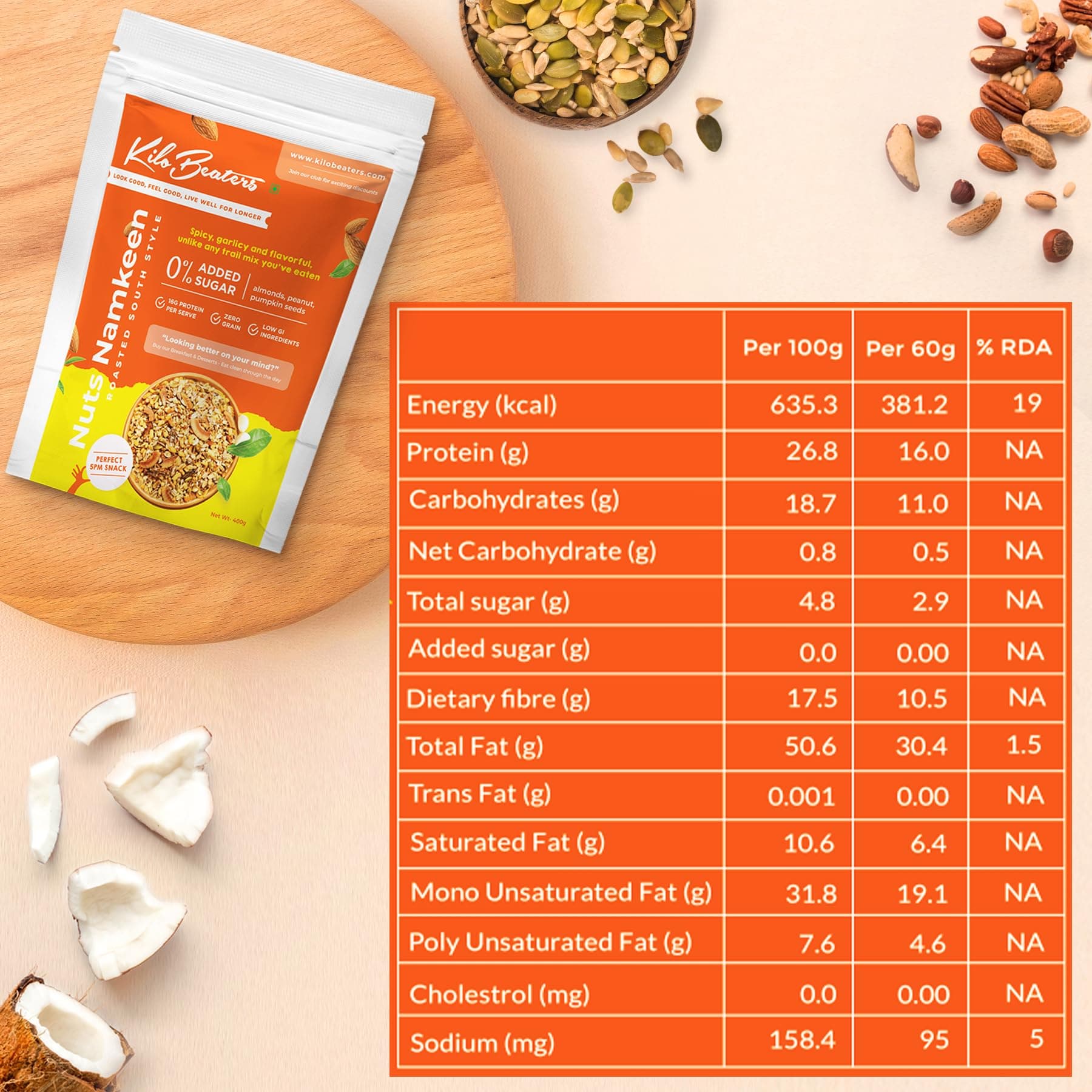 KILOBEATERS Zero Sugar Roasted South Indian Style Nuts Namkeen Healthy Mixture Snacks for Diet, Zero Preservative - 400 g (Pack of 1) — image 2