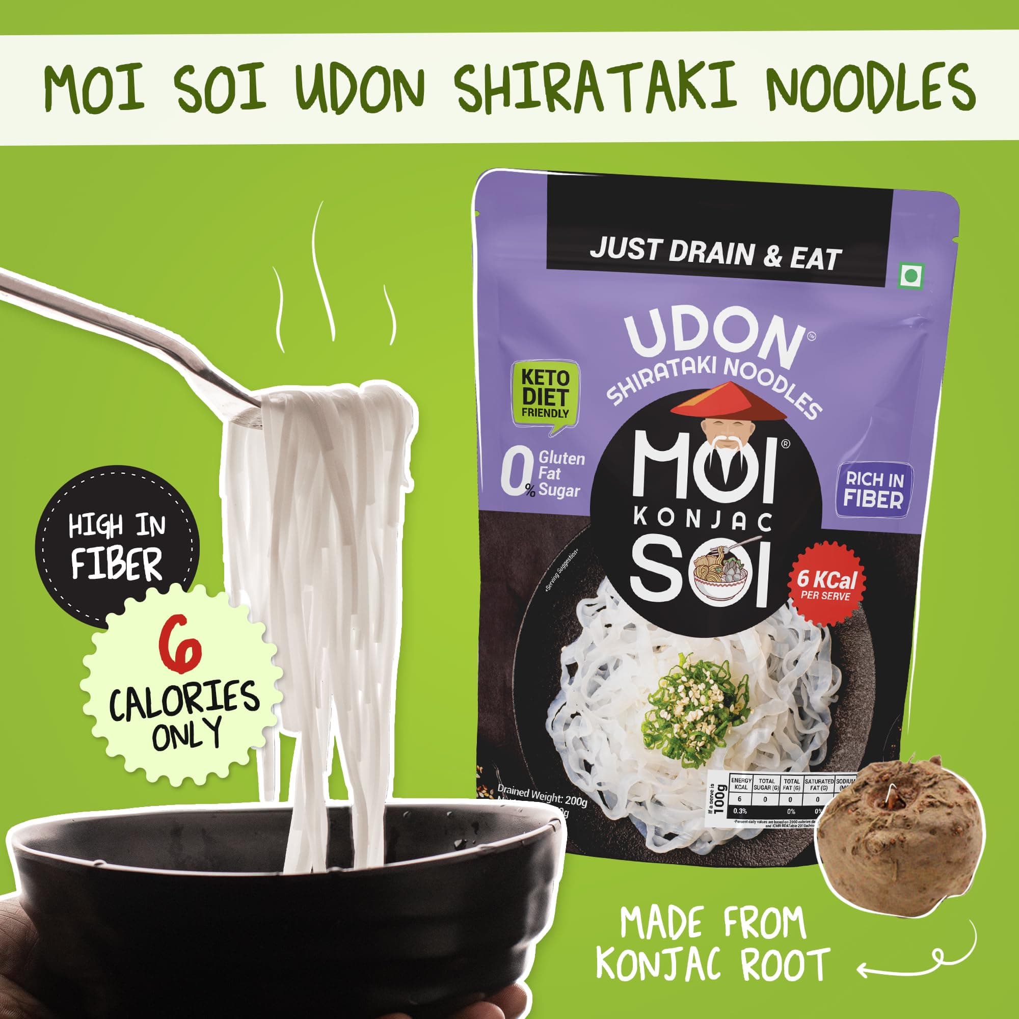 MOI SOI Shirataki Udon Noodles, 250g | Low Carb 6Kcal Only | Keto Friendly | Gluten Free | Vegan Friendly | Good for diabetics | Low Calorie Konjac Miracle Noodles | Fat-Free | Ultra-Low Calorie Konjac Miracle Noodles — image 3