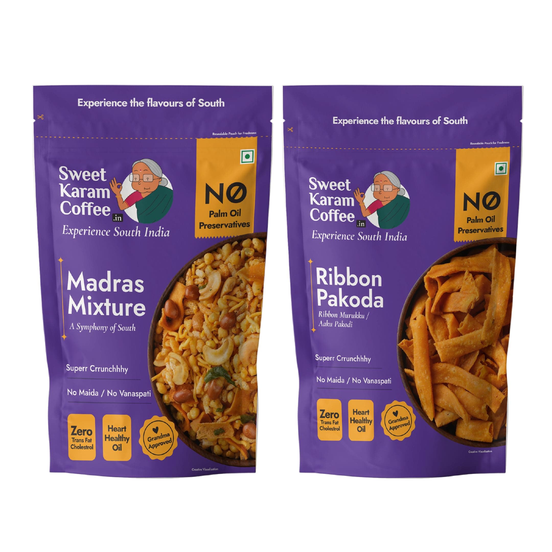 Sweet Karam Coffee’s South Indian Crunchy Combo Pack - Ribbon Pakoda & Special Madras Mixture | No Maida & No Vanaspati, Zero Trans Fat, Heart-healthy Oil | Authentic Taste of Tradition (95g Each) — image 2