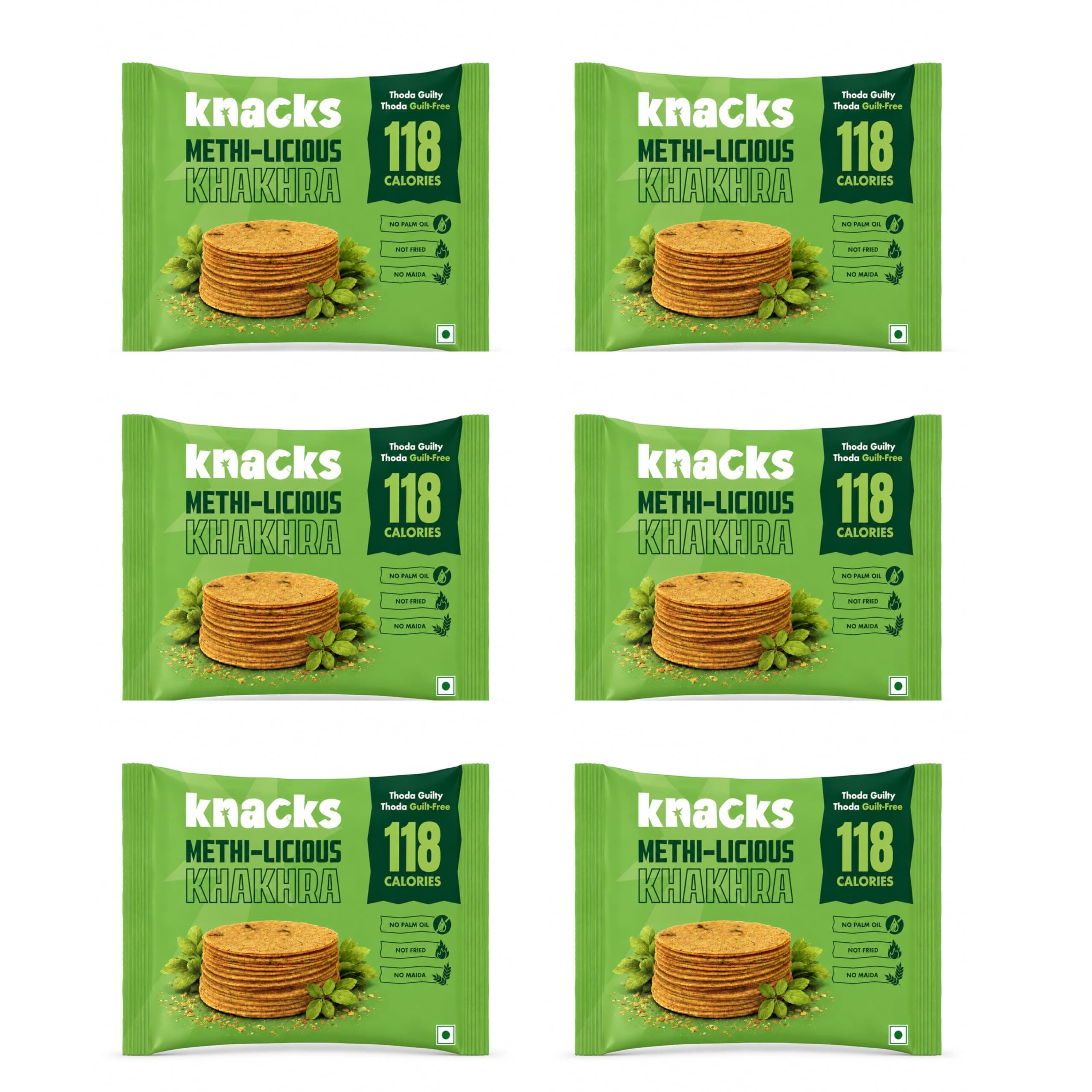 Knacks Methi-licious Khakhra Chips | Methi Masala Flavour Coin Khakhra | Pack of 6 (6 x 30g) | 118 Calories Per Pack | Jain Friendly, High Protein, Whole Wheat | No Palm Oil, No Maida, Not Fried — image 4