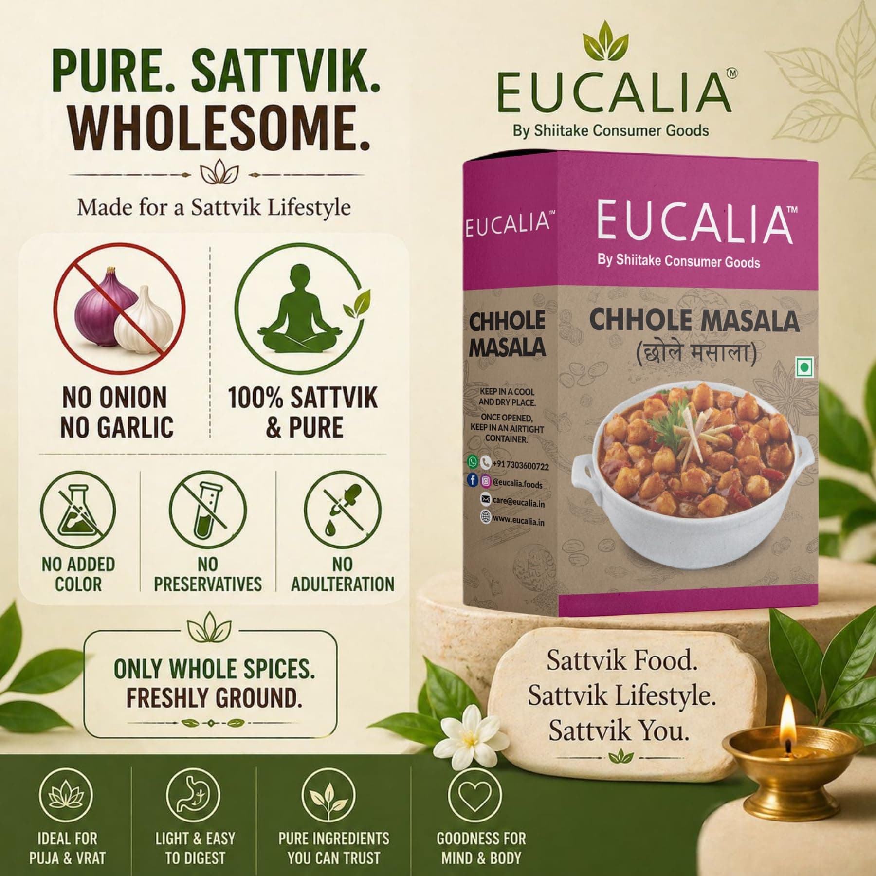 EUCALIA Chhole Masala Pack of 3 (100g) | Perfect for Chickpea Dishes | Tangy, Spicy & Aromatic Authentic Spice Blend for Chole, Chana Masala & Curries | No Preservatives | Sattvik No Onion No Garlic (NONG) — image 6